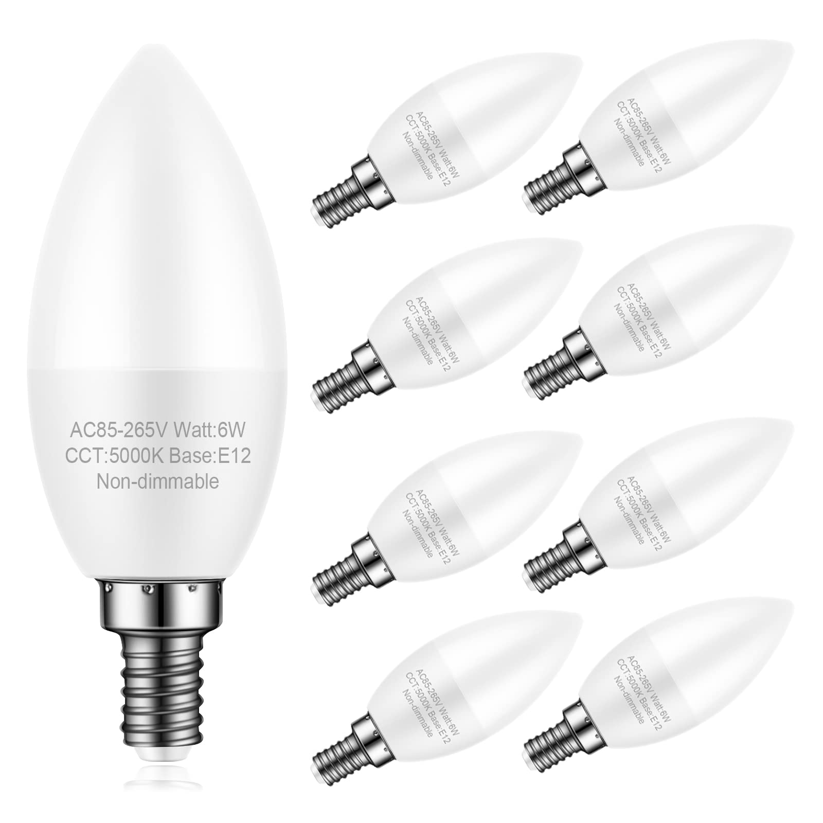 8 Pack E12 LED Candelabra Light Bulbs - 60W Equivalent, 5000K Daylight White, Small Base Type B for Ceiling Fans & Chandeliers - Non-Dimmable 120V - Perfect for Bedroom, Living Room & Dining Room Lighting