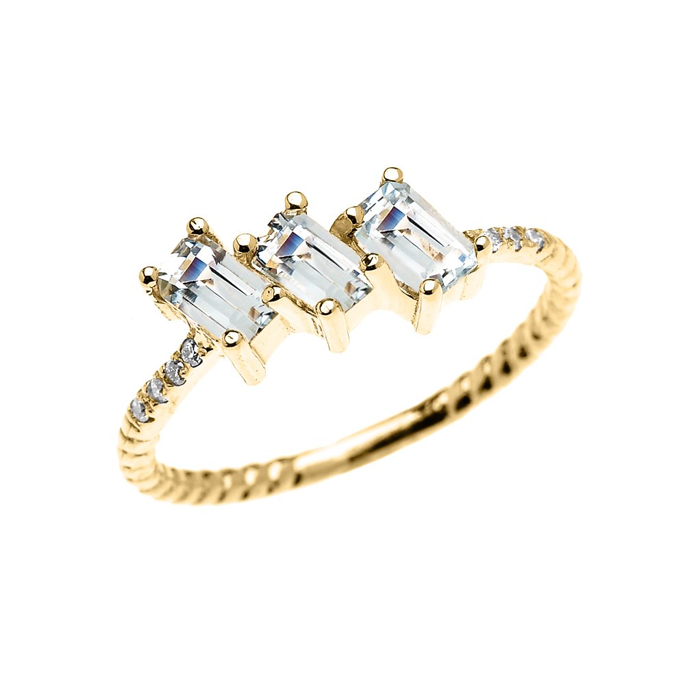 10k Yellow Gold Diamond & Three Stone Emerald Cut Aquamarine Rope Ring - Elegant Dainty Jewelry for Women, Perfect for Engagement, Anniversary Gifts & Everyday Wear