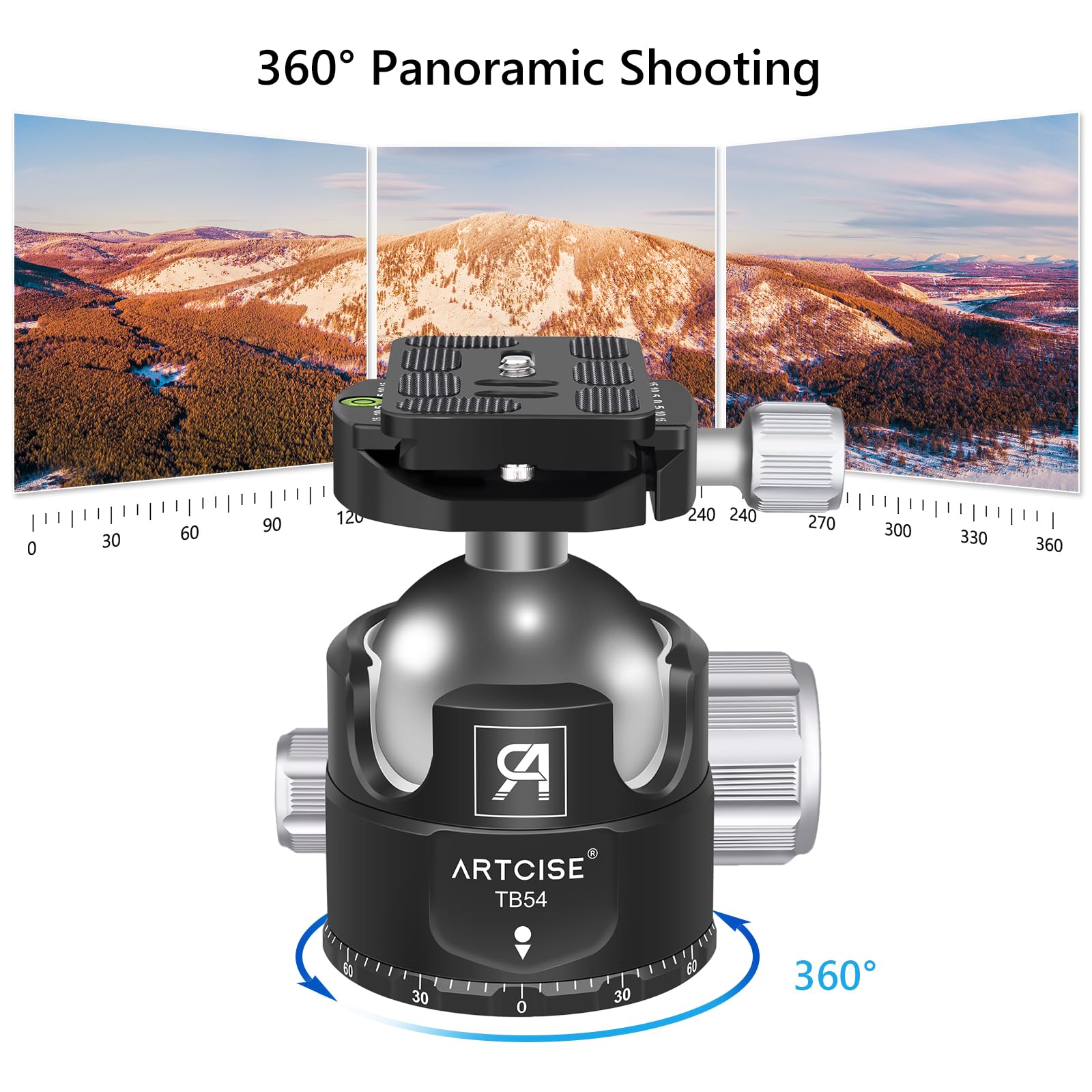 54mm Professional Low Profile Ball Head Tripod with 2 Arca-Swiss Quick Release Plates - CNC Aluminum 360° Rotating Panoramic Ball Head for DSLR Cameras, Monopods & Sliders (Max Load 35kg/77lbs) - Perfect for Landscape Photography, Travel Vlogging & Studio Shooting