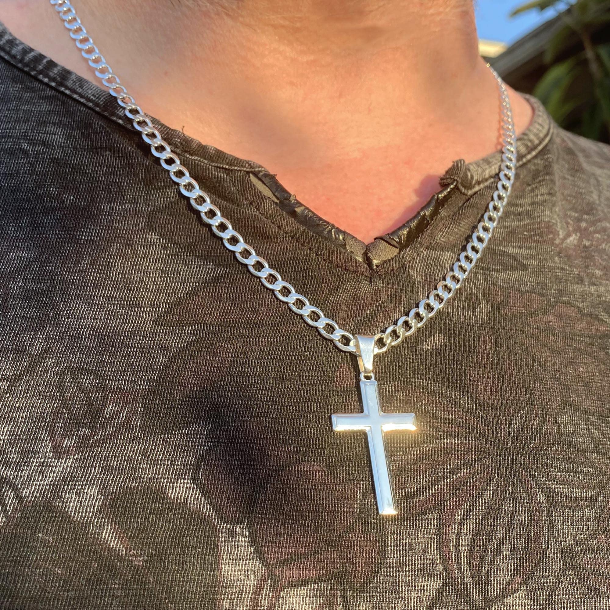 Men's Sterling Silver Cross Necklace with Curb Chain - Religious Jewelry Gift Set with Keepsake Card (Perfect for Baptism, Confirmation & Christmas Gifts) - Elegant Gift Box Included