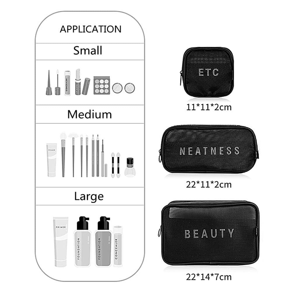 3-Piece Black Mesh Makeup Bag Set with Zipper - Cosmetic Organizer, Travel Toiletry Case for Women - Perfect for Travel, Gym & Daily Use (Black)