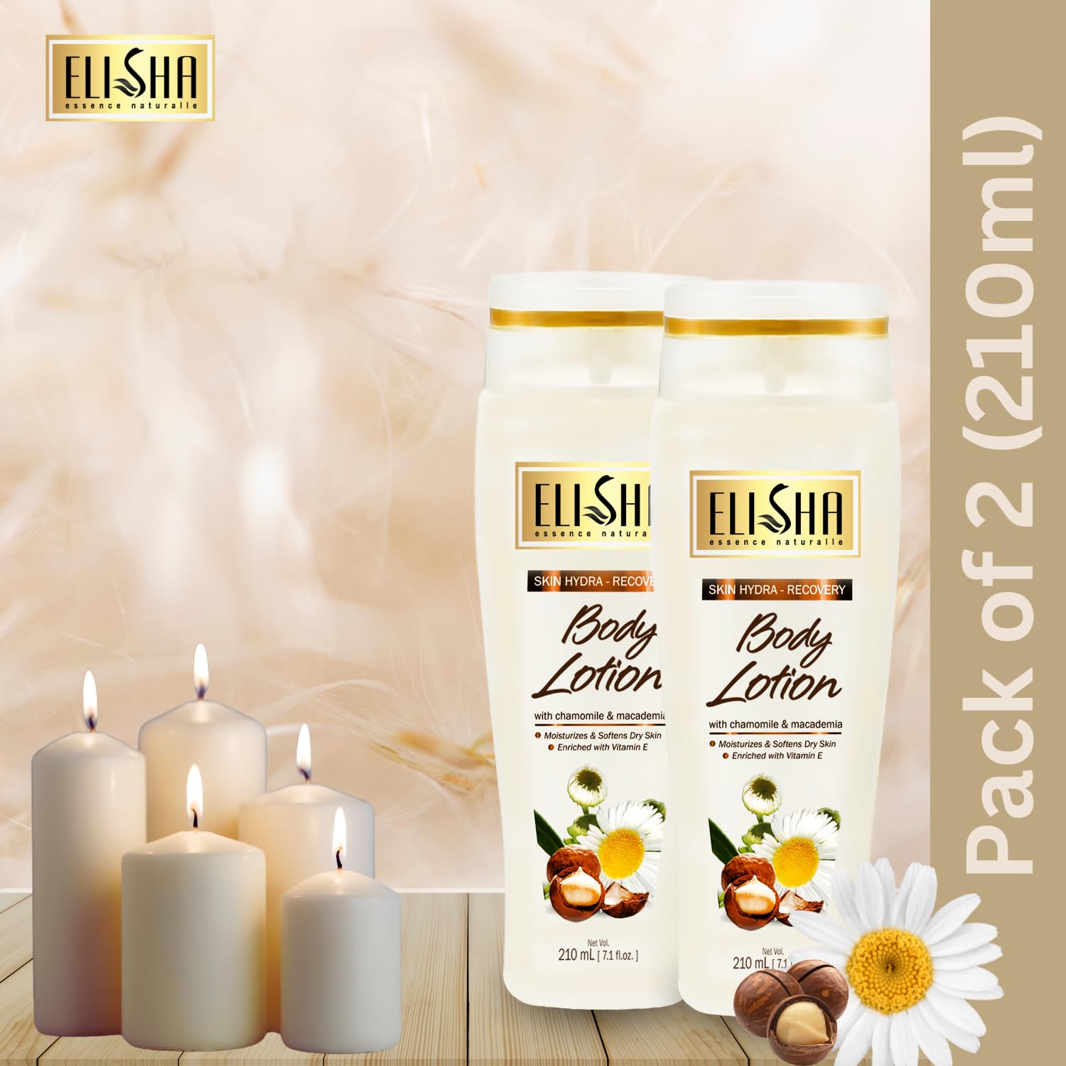 Elisha Chamomile & Macadamia Body Lotion - Healthy Brightening Daily Moisturizer with Sun & Pollution Protection for Dry Skin - Fast Absorbing, Non-Sticky Formula for Men & Women - 210ml (Pack of 2) - Perfect for Post-Shower Hydration & Daily Skincare Routine