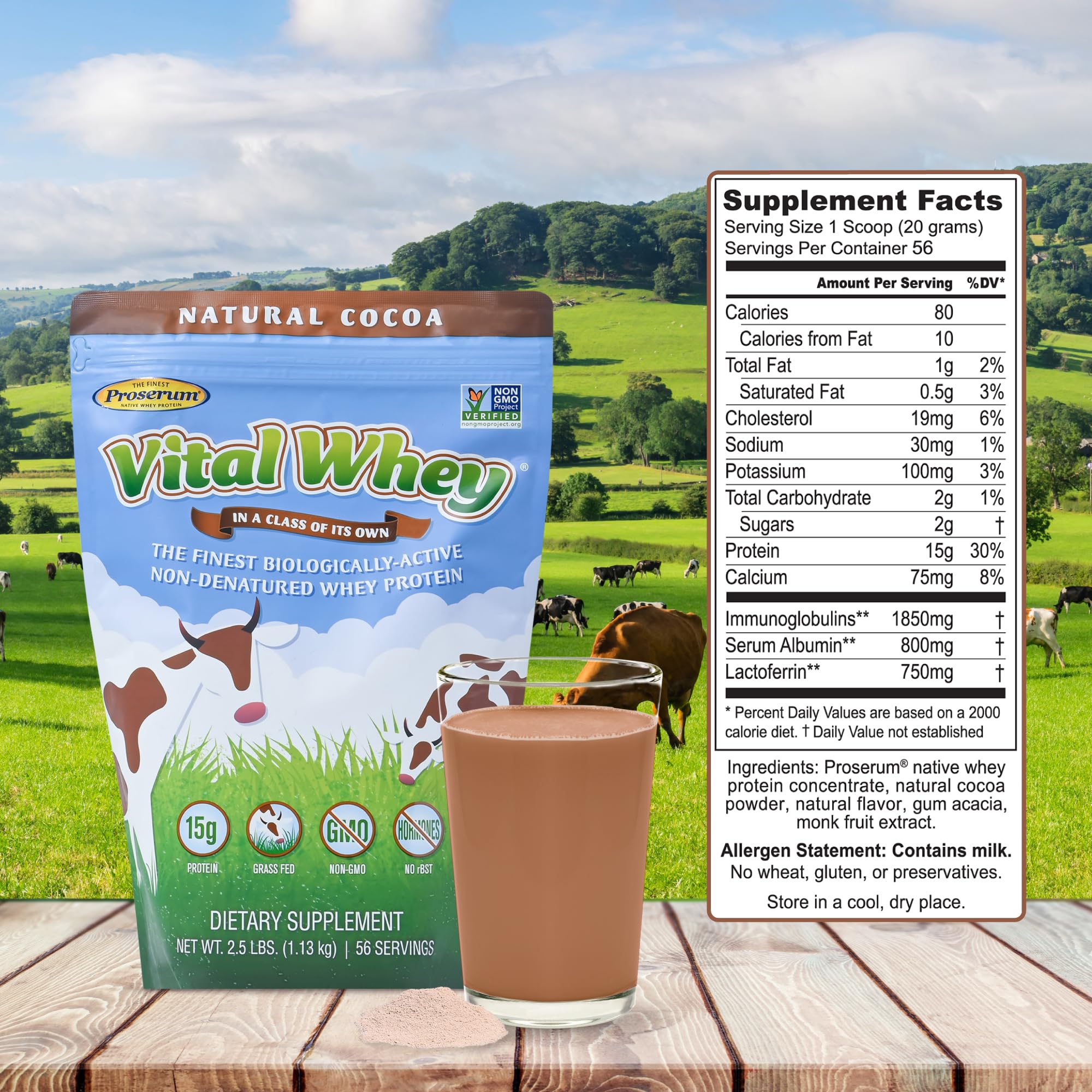 Grass-Fed Whey Protein Powder - Natural Cocoa Flavor 600g (30 Servings) | 15g Protein Per Serving | Immune Support & Muscle Recovery | Clean Holistic Nutrition for Athletes & Fitness Enthusiasts | Post-Workout & Healthy Lifestyle Supplement