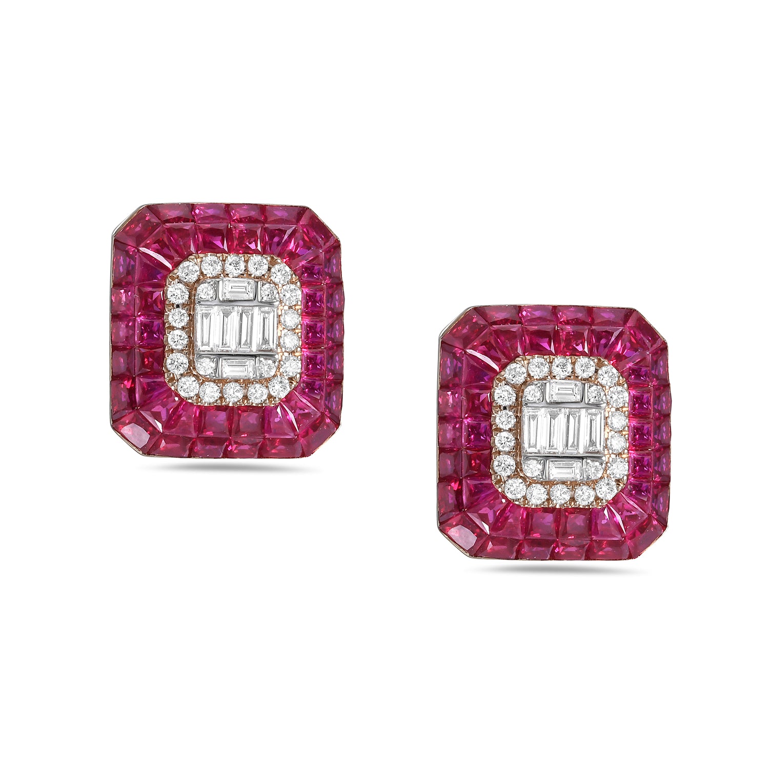 Rose Gold Channel Set Ruby Baguette Diamond Octagon Stud Earrings - Elegant Jewelry for Weddings, Parties & Special Occasions