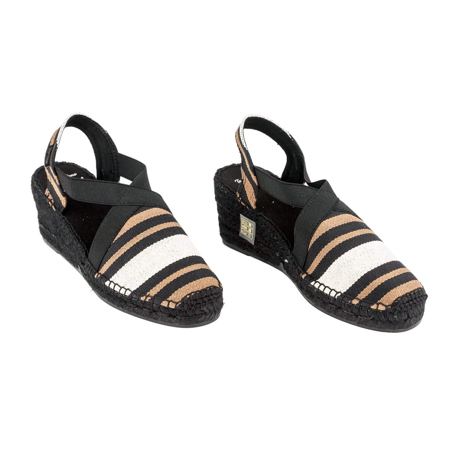Women's Black Striped Cotton Blend Wedge Espadrilles - Comfortable Summer Shoes for Beach, Vacation & Casual Outings