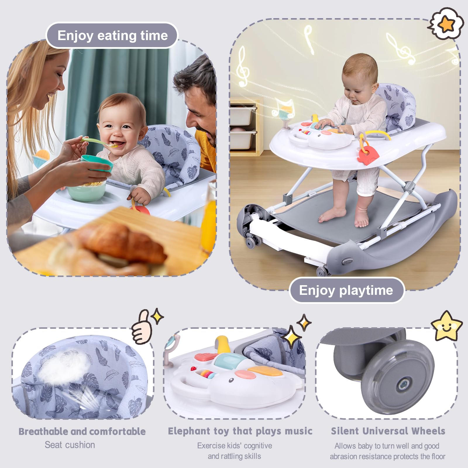 5-in-1 Foldable Baby Walker with Detachable Trampoline Mat - Adjustable Speed Wheels & Height for 6-18 Months (Grey) | Baby Bouncer, Rocker, Activity Center & Push Walker | Perfect for Playtime, Learning to Walk & Indoor Entertainment
