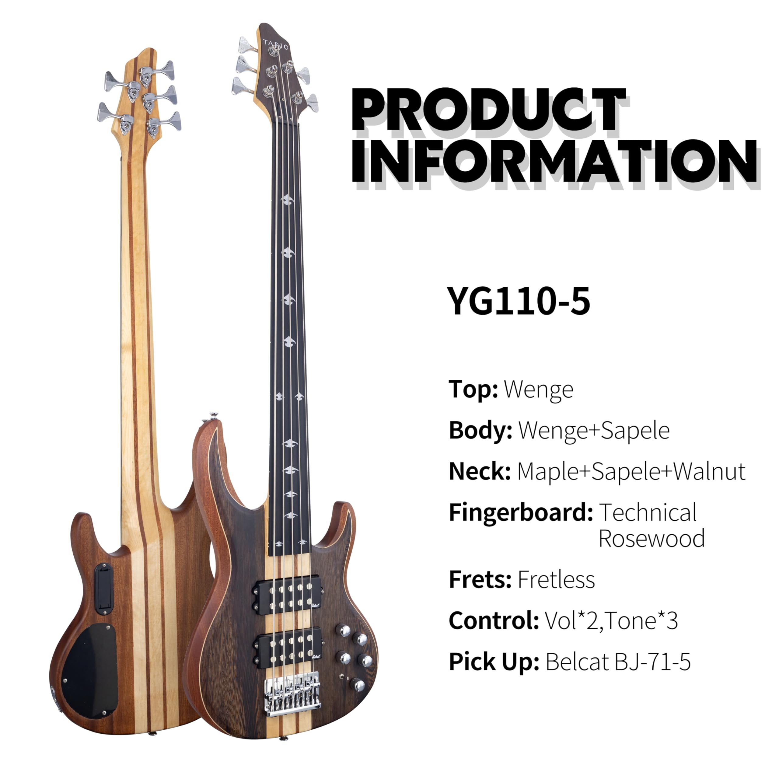 TARIO Fretless 5-String Electric Bass Guitar - Premium Millettia Laurentii Top, Okoume Body & Composite Ebony Fingerboard | Professional Jazz, Blues & Studio Recording Instrument