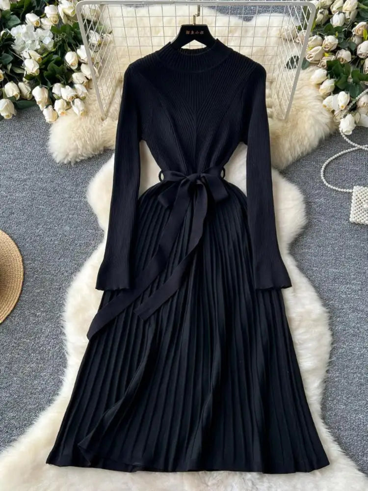 Elegant Black & Beige Bandage Knit Dress for Women - Slim Fit Round Neck Long Sleeve Office Dress | Perfect for Fall Fashion, Workwear & Holiday Parties