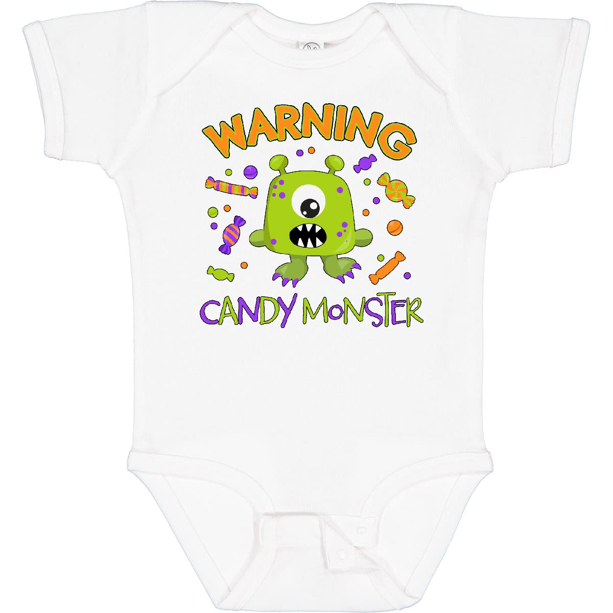 Inktastic Warning Candy Monster with Candy - Cute Green Monster Baby Bodysuit for Boys & Girls - Perfect for Halloween, Birthday Parties & Funny Gifts