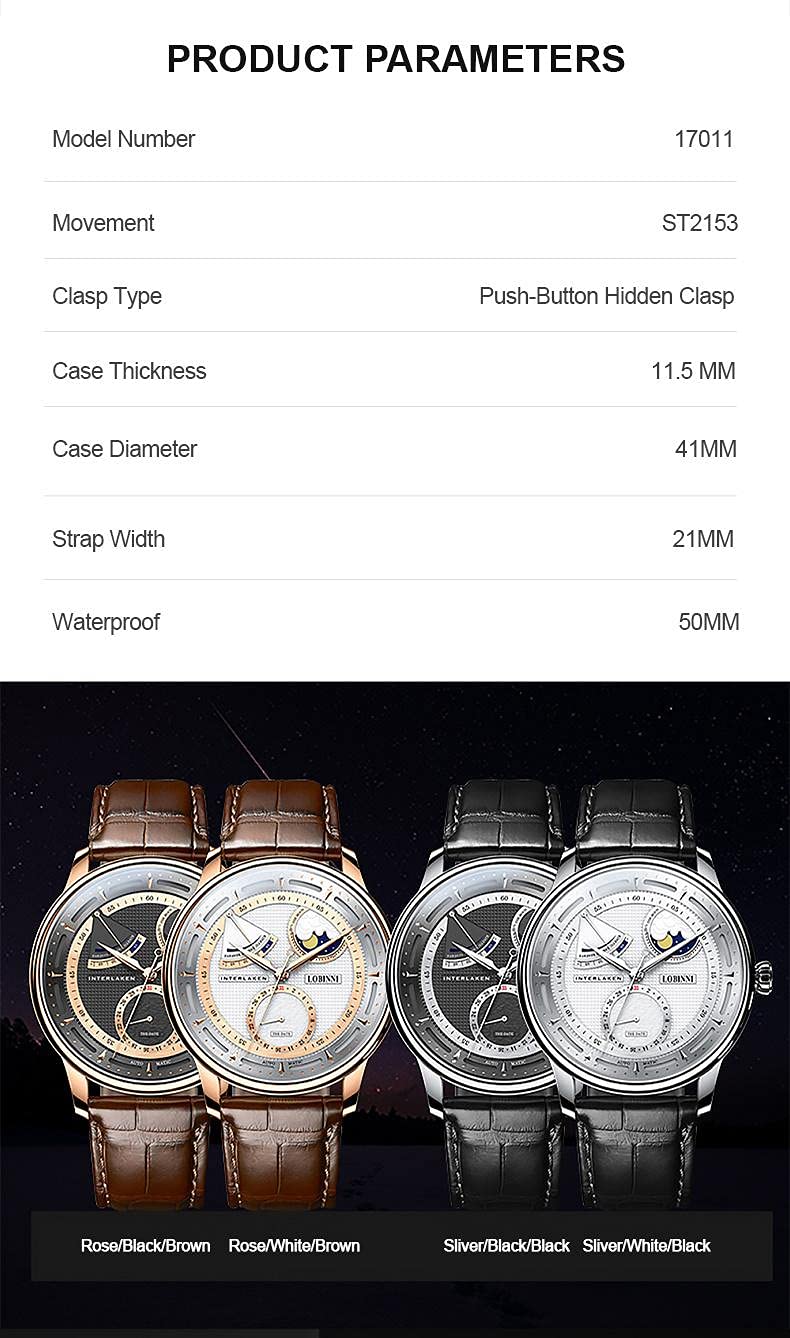 LOBINNI Men's Moon Phase Automatic Mechanical Watch - Waterproof Luxury Dress Wristwatch for Business & Formal Occasions - Perfect for Office, Weddings & Special Events