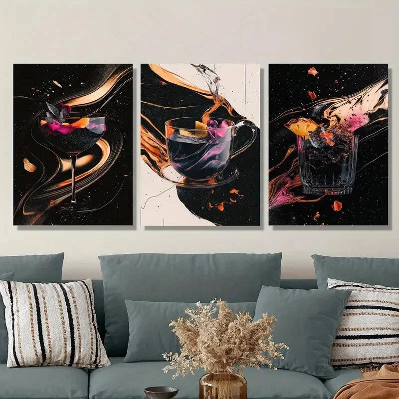 3-Piece Vibrant Cocktail & Wine Glass Metal Wall Art - Ready to Hang Bar Decor for Home, Kitchen, or Restaurant - Perfect Gift for Wine Lovers & Entertaining