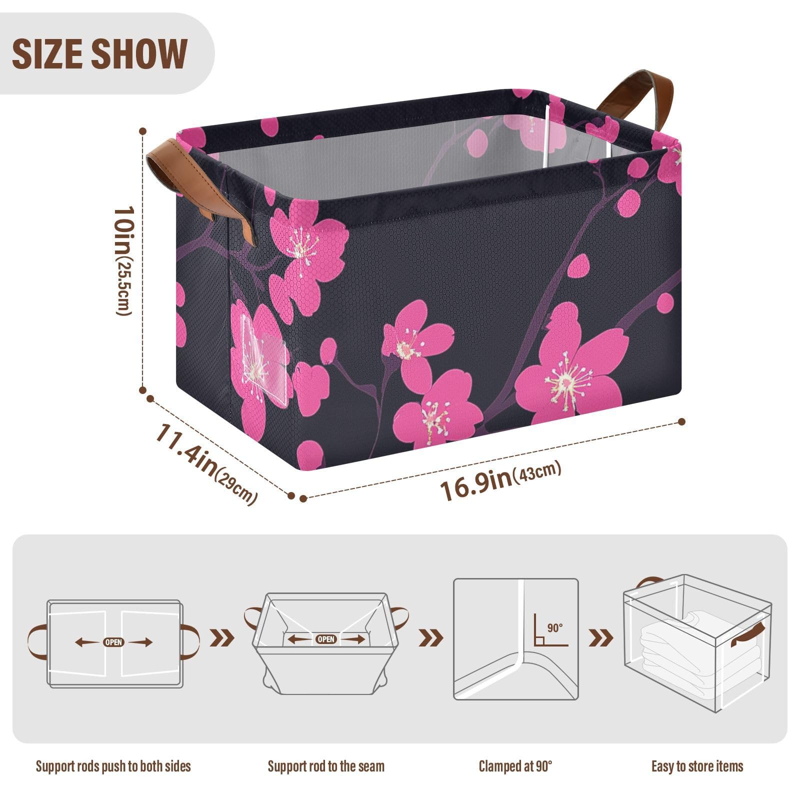 Cherry Blossom Pattern Foldable Storage Baskets with Handles - 2 Pack Decorative Organizer Bins for Closet, Shelves, Books & Home Organization | Perfect for Bedroom, Bathroom, and Office Storage Solutions