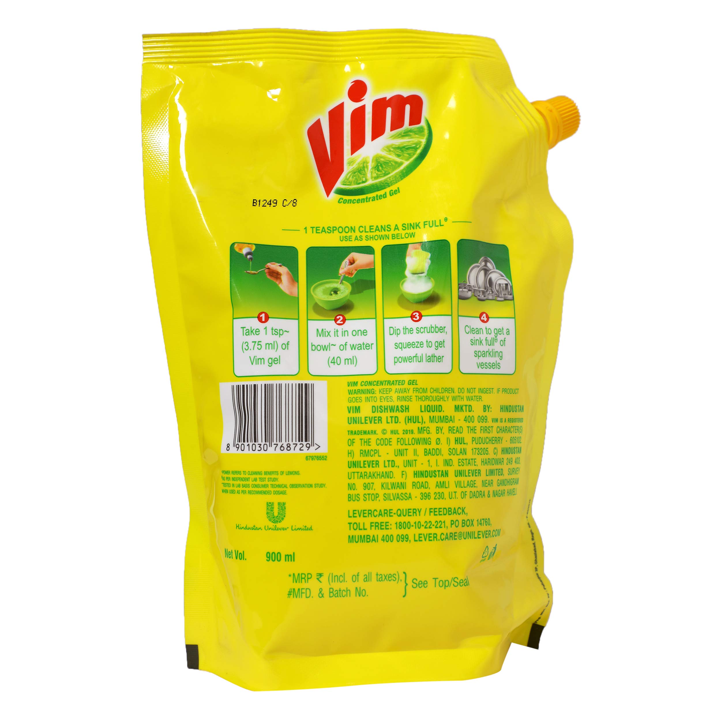 Vim Dishwashing Gel - 900ml Lemon Scent | Effective Kitchen Cleaner for Pots, Pans & Dishes | Fresh Citrus Fragrance