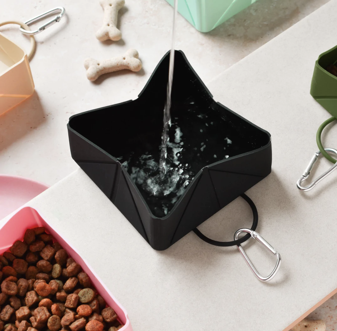 Foldable Travel Bowl for Dogs - Collapsible Pet Food & Water Dish - Portable Black Silicone Bowl for Camping, Hiking & Outdoor Adventures
