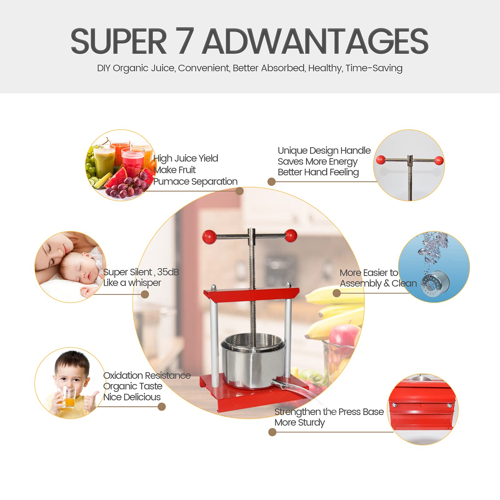 Premium Manual Fruit Wine Press - 1.6 Gallon/6L Stainless Steel & Iron Juice Extractor for Apple Cider, Grape Wine, Olive Oil - Heavy Duty with Power Ball Handle - Perfect for Home Brewing, Winemaking & Kitchen Use