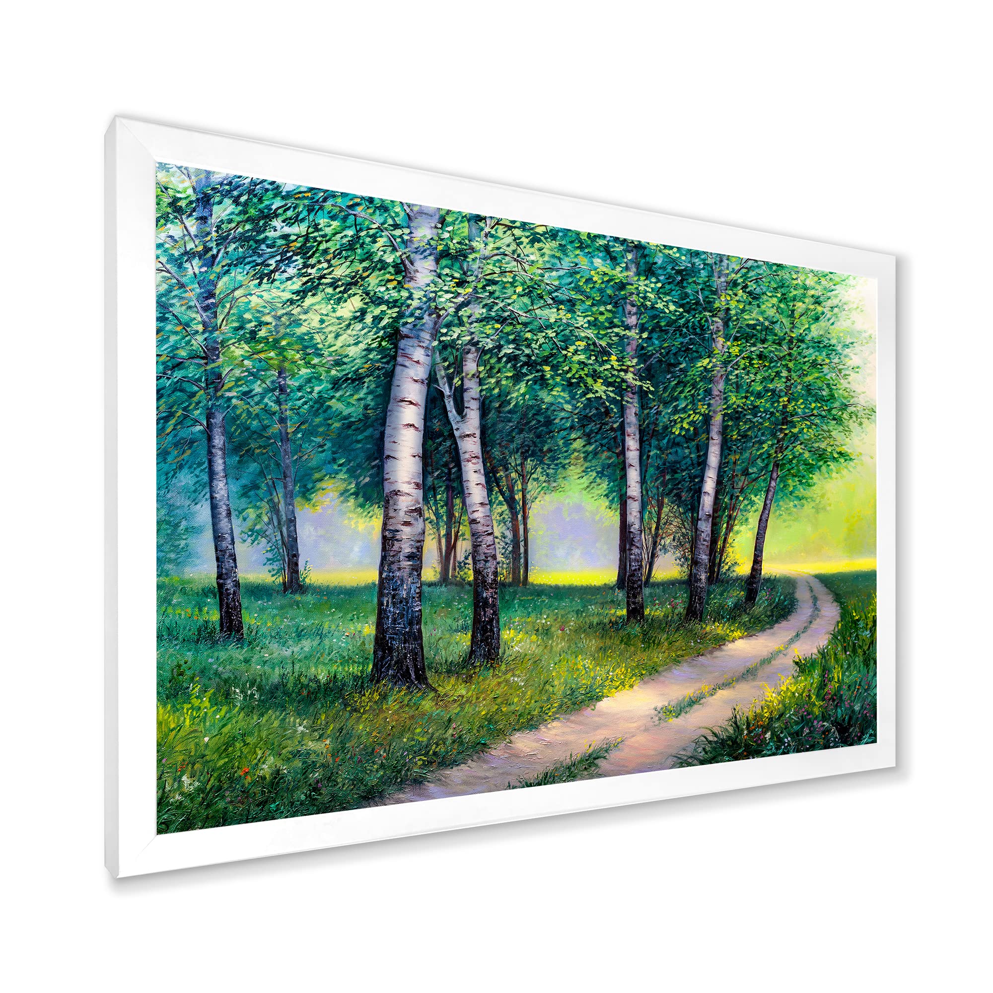 Summer Forest Road By The Birches Lake House Framed Wall Art - Nature Landscape Painting for Living Room, Bedroom & Office Decor