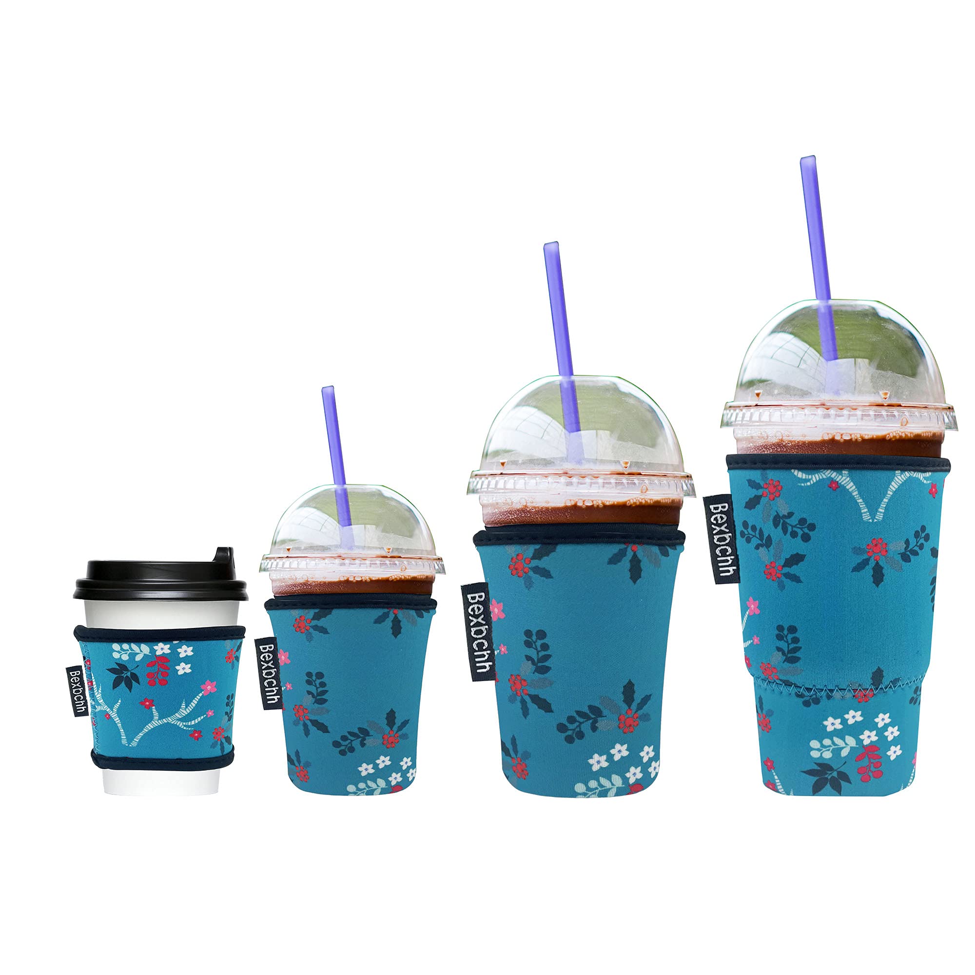 Reusable Iced Coffee Sleeves 4-Pack - Neoprene Cup Holder for Starbucks & Dunkin (Green Flowers) - Perfect for Iced Coffee & Cold Drinks