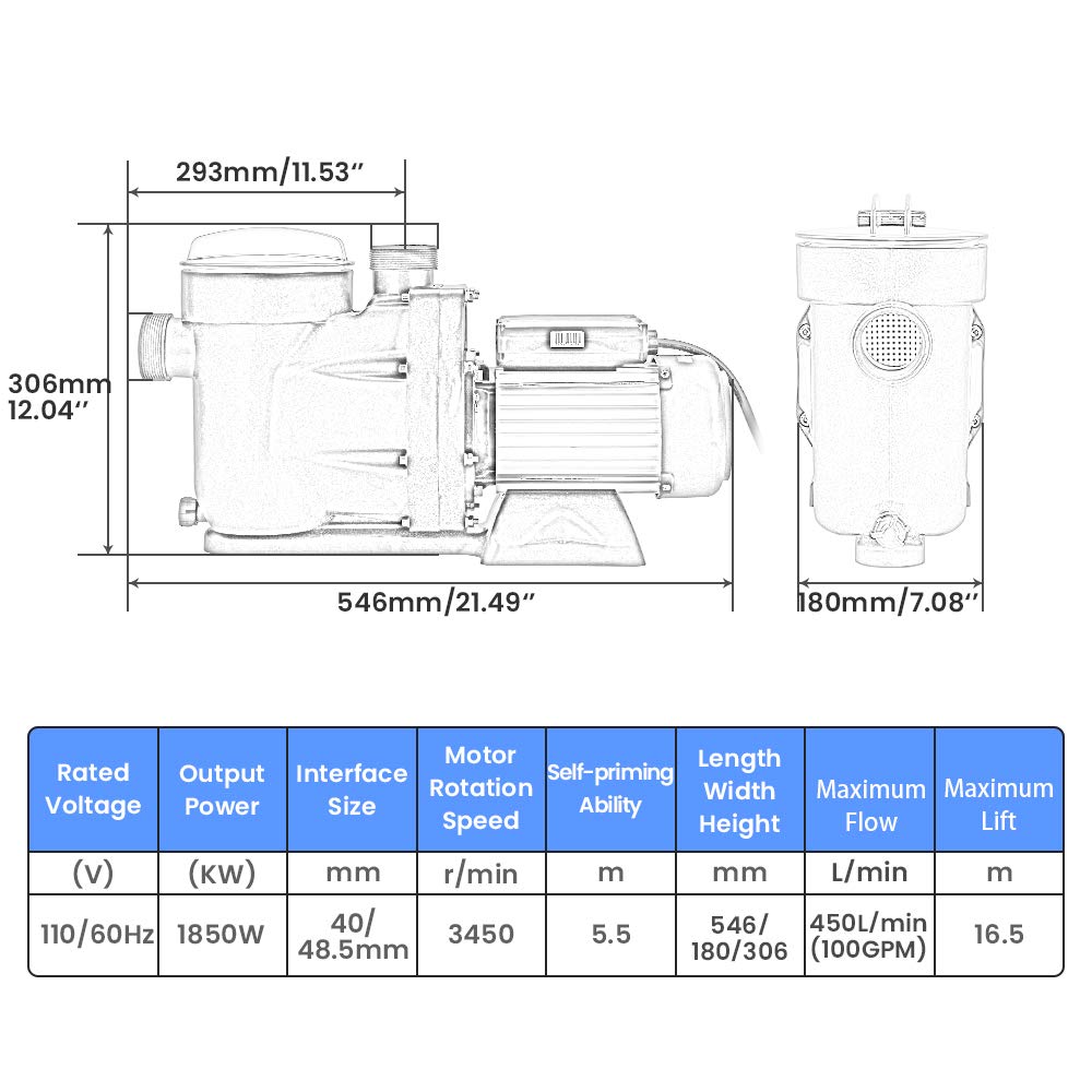 Anbull 2.5HP 1850W In-Ground & Above Ground Pool Pump with 59.05
