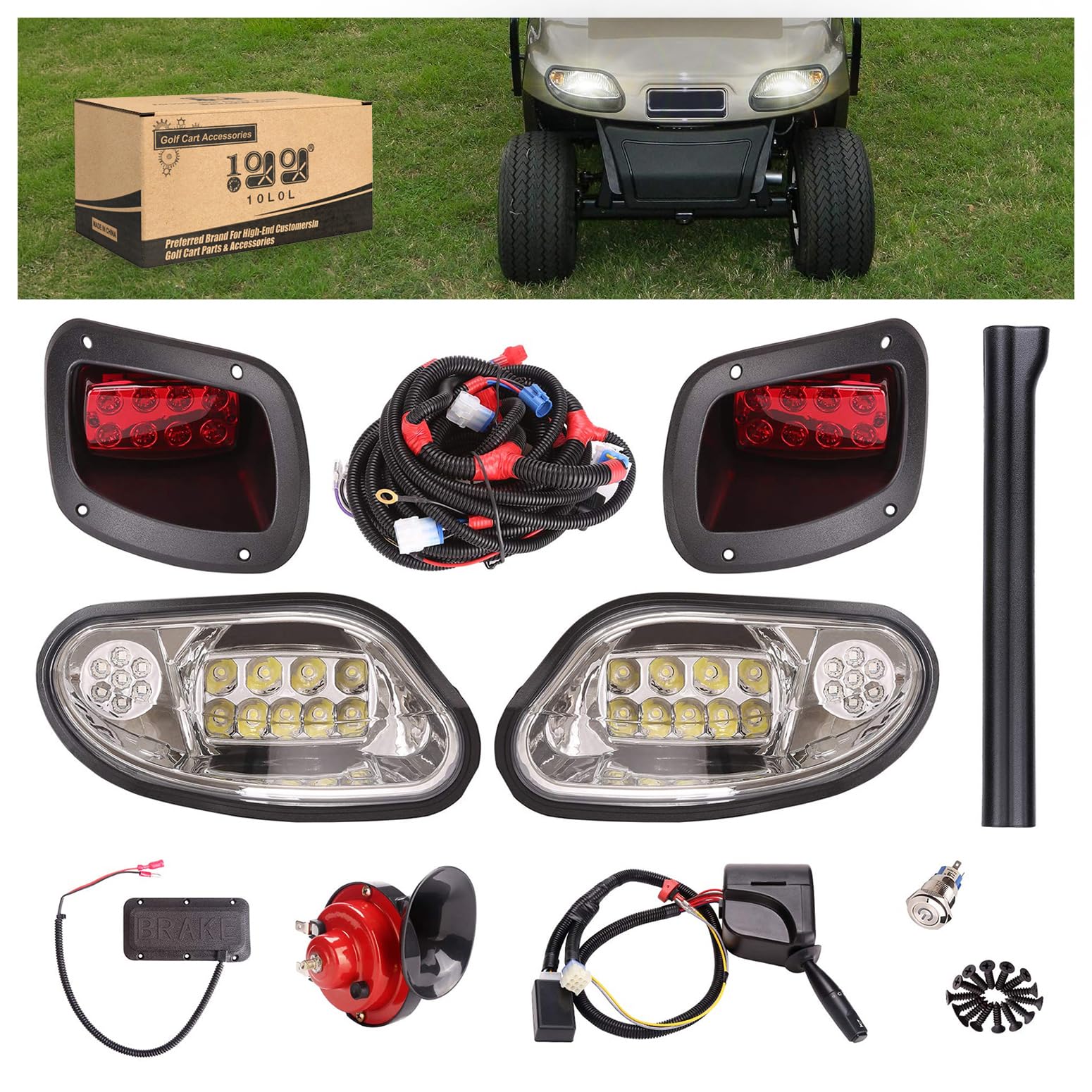 Premium 10L0L Golf Cart Headlight & Taillight Kit for 2014+ EZGO Freedom/TXT T48/Valor (Gas & Electric) - LED Light Upgrade with Turn Signals, Horn & Brake Light Harness (12V Input) - Perfect for Night Golfing & Campground Safety