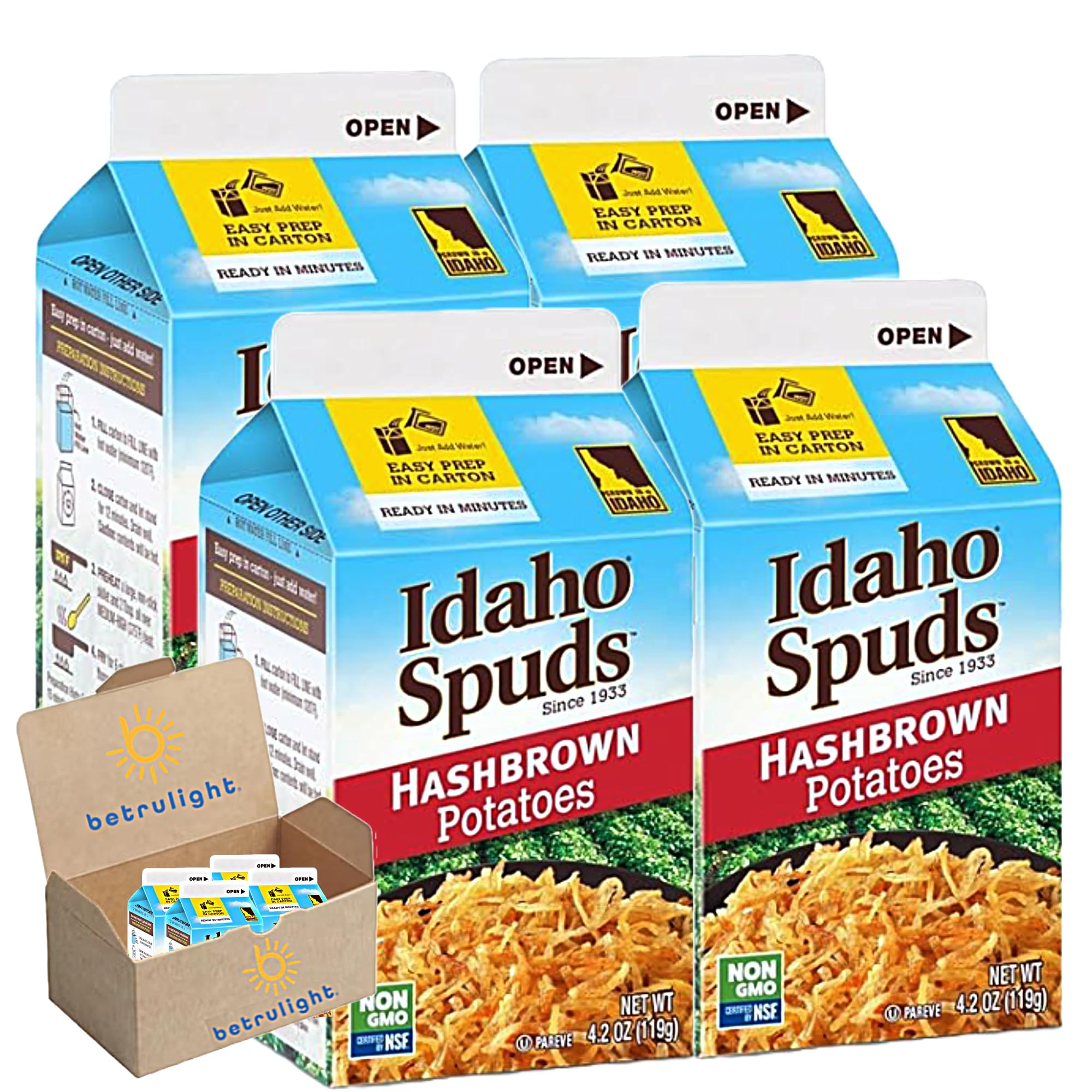 Crispy Hash Brown Potatoes - 100% Real Potatoes, Non-GMO, Gluten Free & Kosher Certified (4.2 oz Pack of 4) | No Artificial Colors or Flavors | Perfect for Breakfast, Brunch & Meal Prep | Elegantly Packaged in BETRULIGHT Branded Box