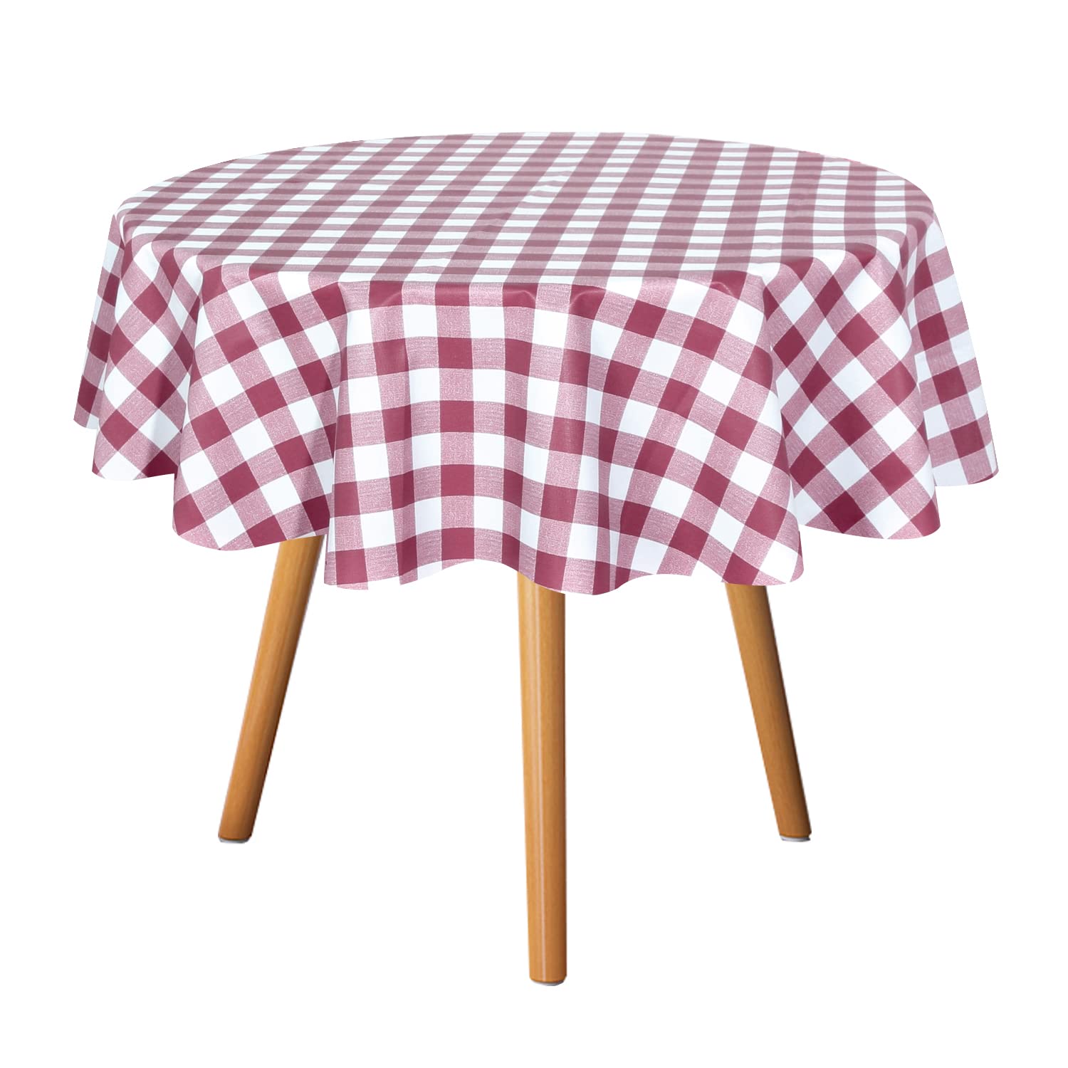Sancua 54 Inch Round Checkered Vinyl Tablecloth - 100% Waterproof, Oil Proof, Spill Proof PVC Table Cover for Dining, Buffet Parties, Camping - Easy to Wipe Clean - Burgundy and White - Perfect for Indoor and Outdoor Gatherings, Picnics, BBQs, and Holiday Decorations