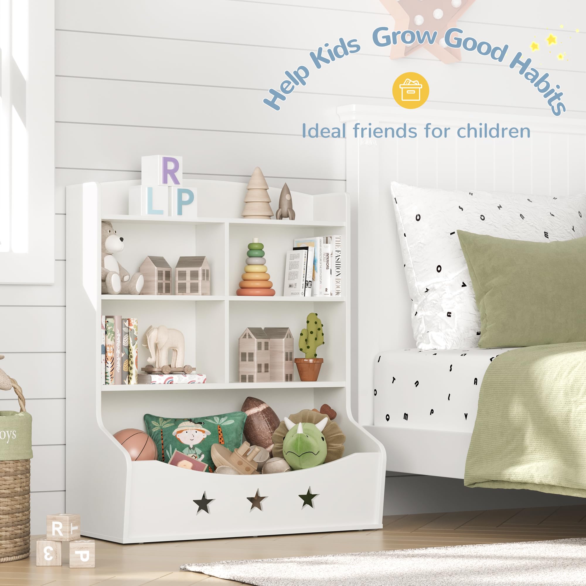 Kids Wooden Bookshelf - 3.5-Tier Bookcase with 5 Cube Storage & Star Pattern | Nursery, Playroom & Bedroom Organizer for Toys & Books | Durable White Toy Storage Cabinet for Kids' Room Decor & Learning Space