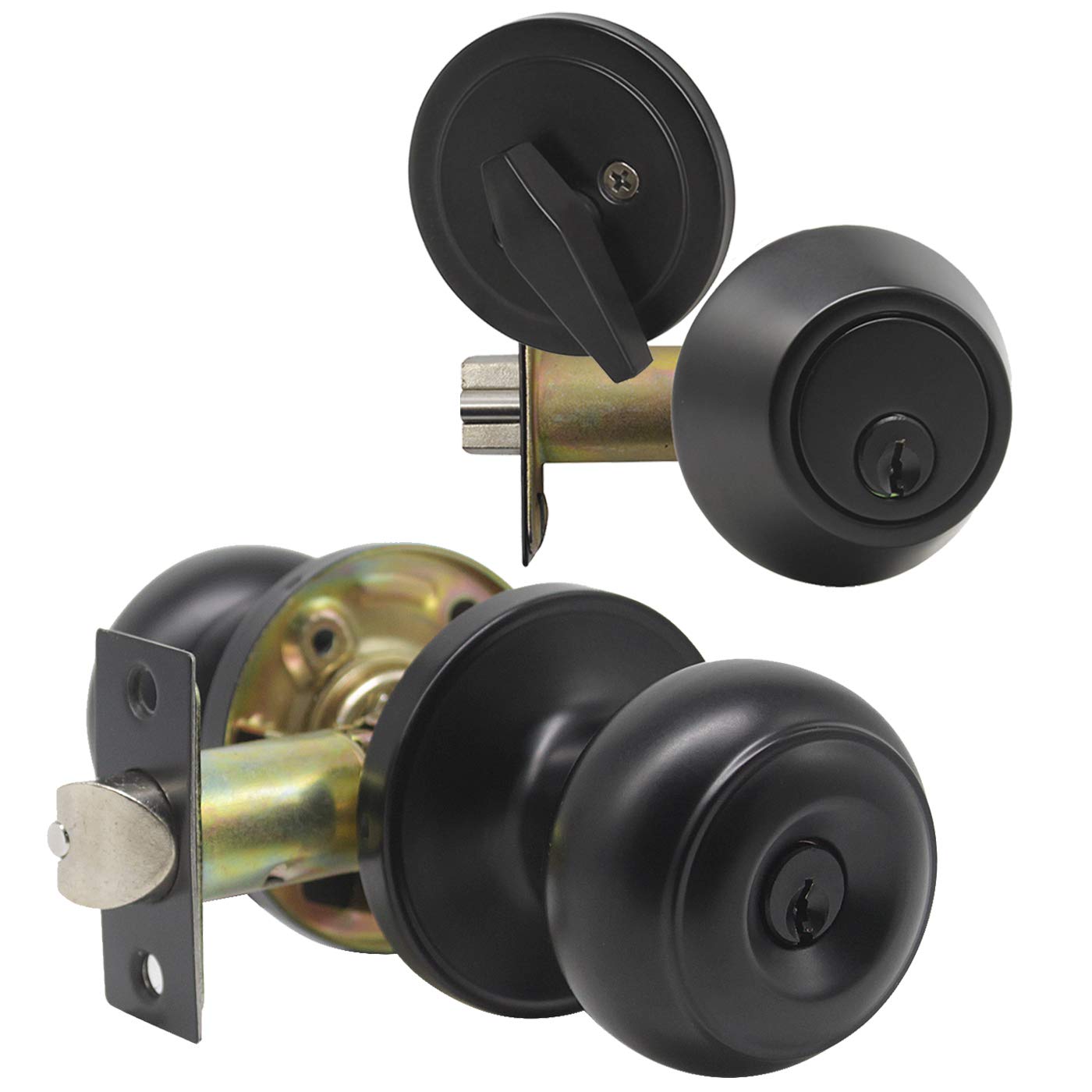 GobeKOR 6-Pack Keyed Alike Front Door Lock Set with Single Cylinder Deadbolt - Matte Black Finish, Round Entry Knob Exterior Door Handles - Same Key Convenience for Home Security & Multi-Door Access
