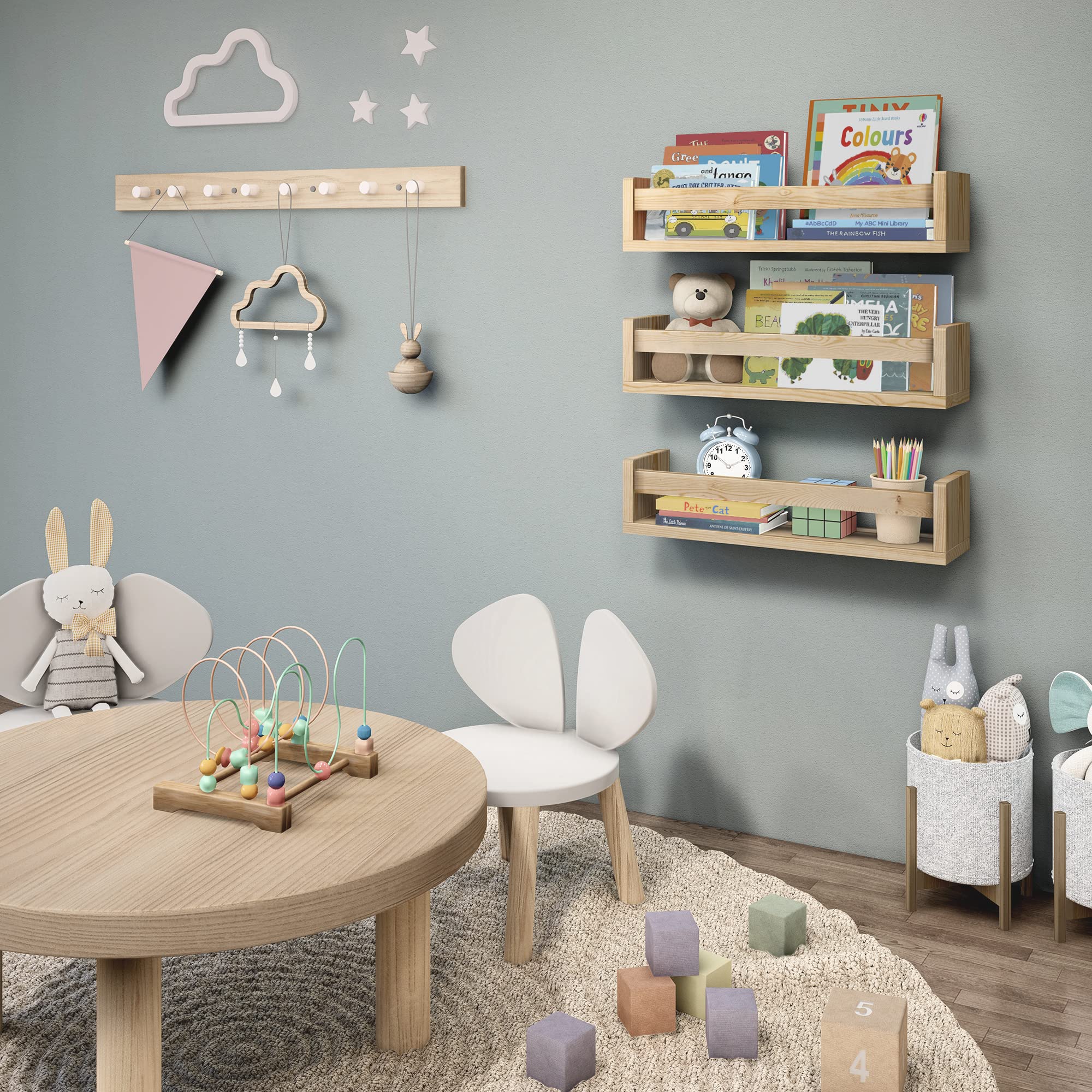 NATURE SUPPLIES Floating Shelves Set of 3 - Minimalist Wooden Wall Shelves for Nursery, Playroom & Baby Room - Kids Book Organizer with Natural Finish - Perfect for Storage, Display & Home Decor