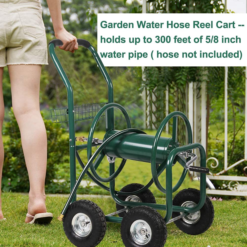 Heavy Duty Steel Garden Hose Reel Cart with Wheels & Storage Basket - Outdoor Watering Truck for Lawn, Patio, Garden - Durable Yard Hose Reel for Easy Watering & Planting | Perfect for Backyard, Greenhouse & Landscaping