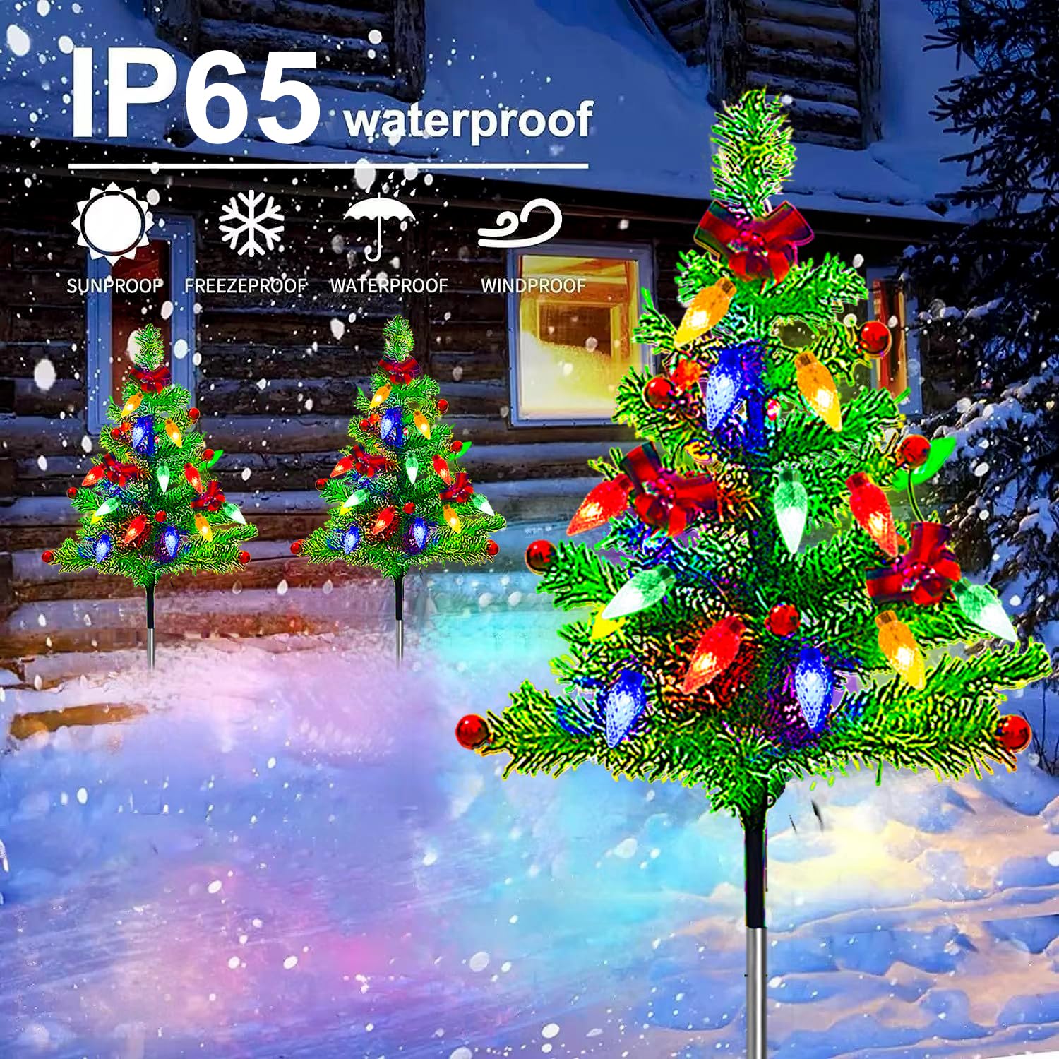 4-Pack Solar Powered Christmas Tree Lights with 8 Lighting Modes - Waterproof Outdoor Holiday Decor for Yard, Garden, Pathway, Porch - Perfect for Christmas, Patio, Deck & Landscape Lighting