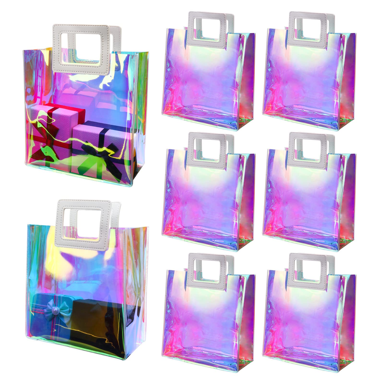 6-Pack Holographic Reusable Gift Bags - Medium Clear Party Bags with Handles (8.5x8.1x4.1 Inches) for Women, Christmas, Birthdays & Special Occasions - Perfect for Holiday Gifts, Party Favors & Wedding Presents