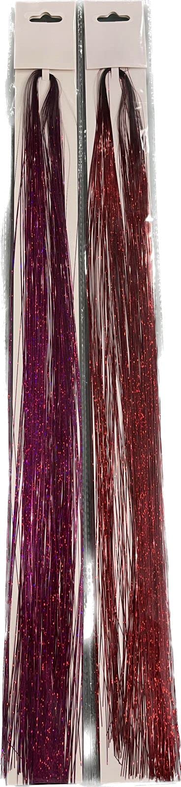 Flushia® 40 Inch Hair Tinsel Extensions - 2400 Strands in 2 Colors (Rani & Red) | Glitter Hair Highlights for Parties, Festivals & Special Occasions | Fairy Hair Glitter Extensions for Shiny, Sparkly Look