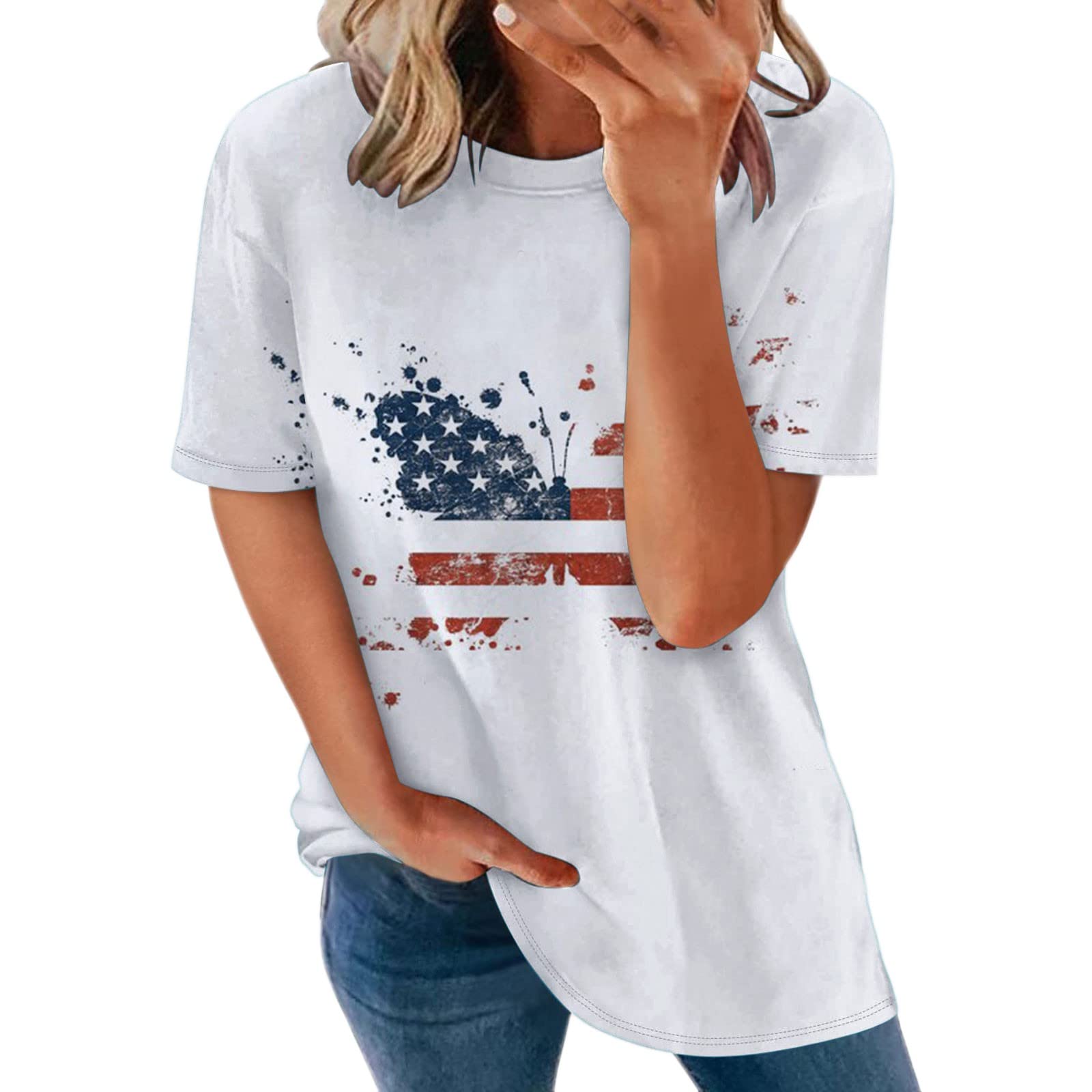 Women's Short Sleeve T-Shirt - USA Flag Print Casual Tee - Summer Comfort Fit Crew Neck Top for Everyday Wear | Perfect for 4th of July, Beach Outings & Patriotic Events