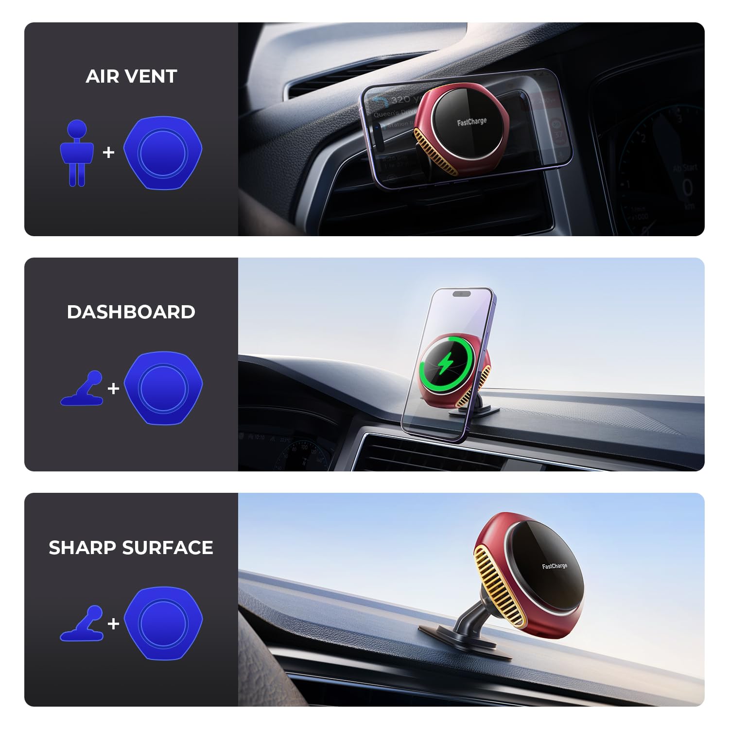 15W MagSafe Car Mount Charger - Magnetic Wireless Fast Charging Phone Holder for iPhone 15 Pro Max/Plus/14/13/12/Mini with MagSafe Case (Red) - Secure & Hands-Free Charging for Safe Driving