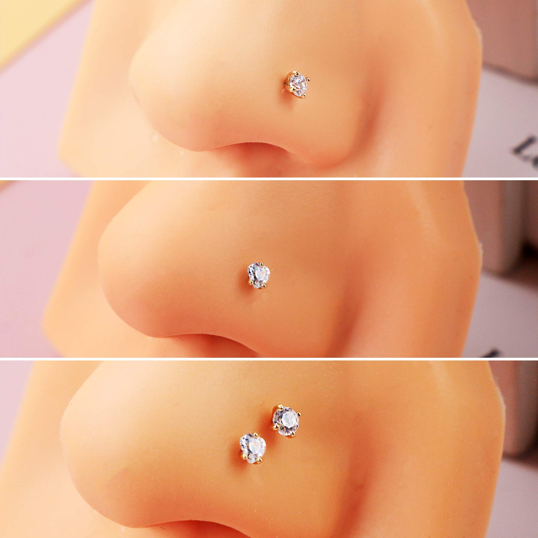 14K Real Gold Nose Studs - L-Shaped Diamond CZ Rings for Men & Women | Daily Wear & Gifts