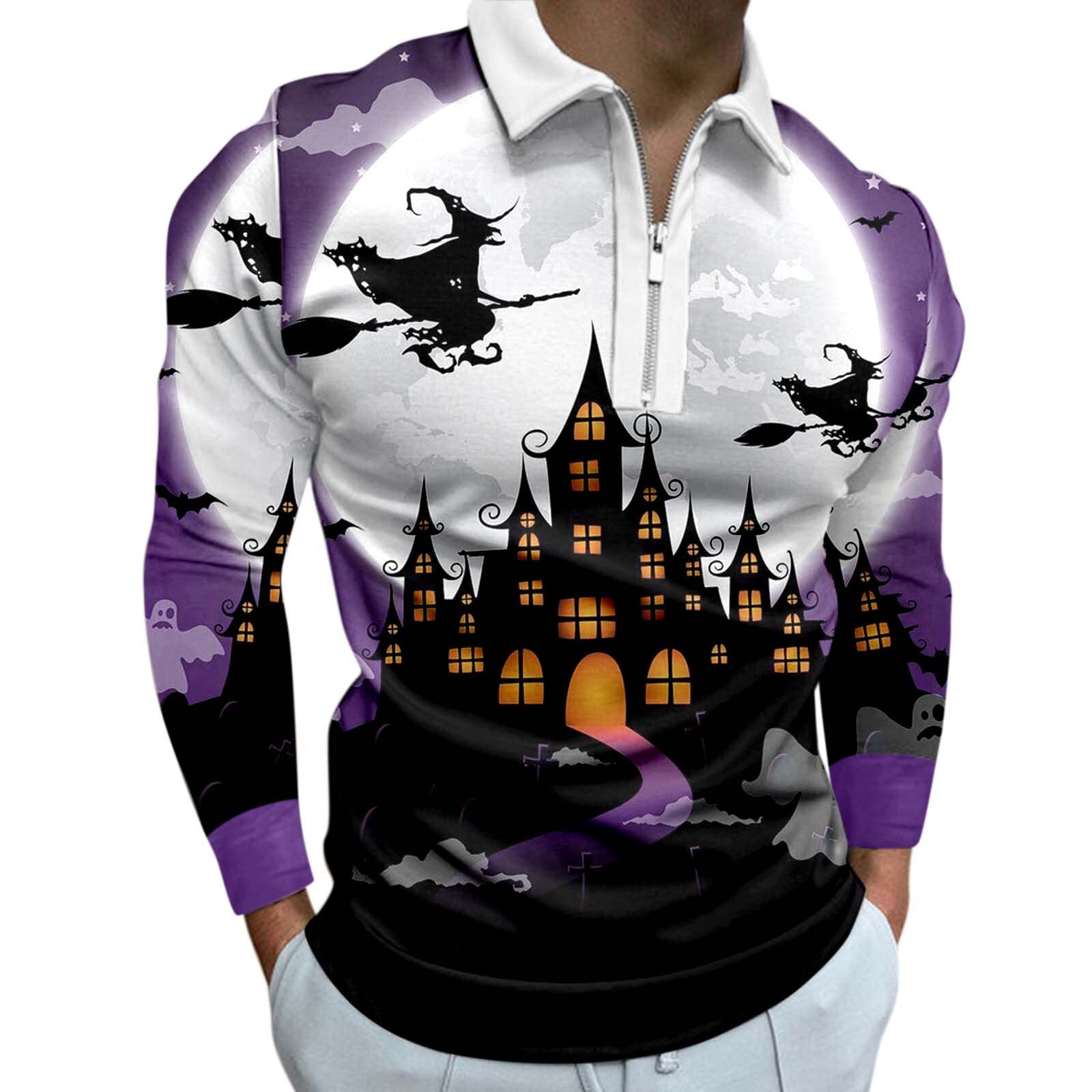 RTPR Men's Casual Halloween Print Long Sleeve T-Shirt with Zipper Turn Down Collar - Perfect for Halloween Parties, Cosplay & Everyday Wear