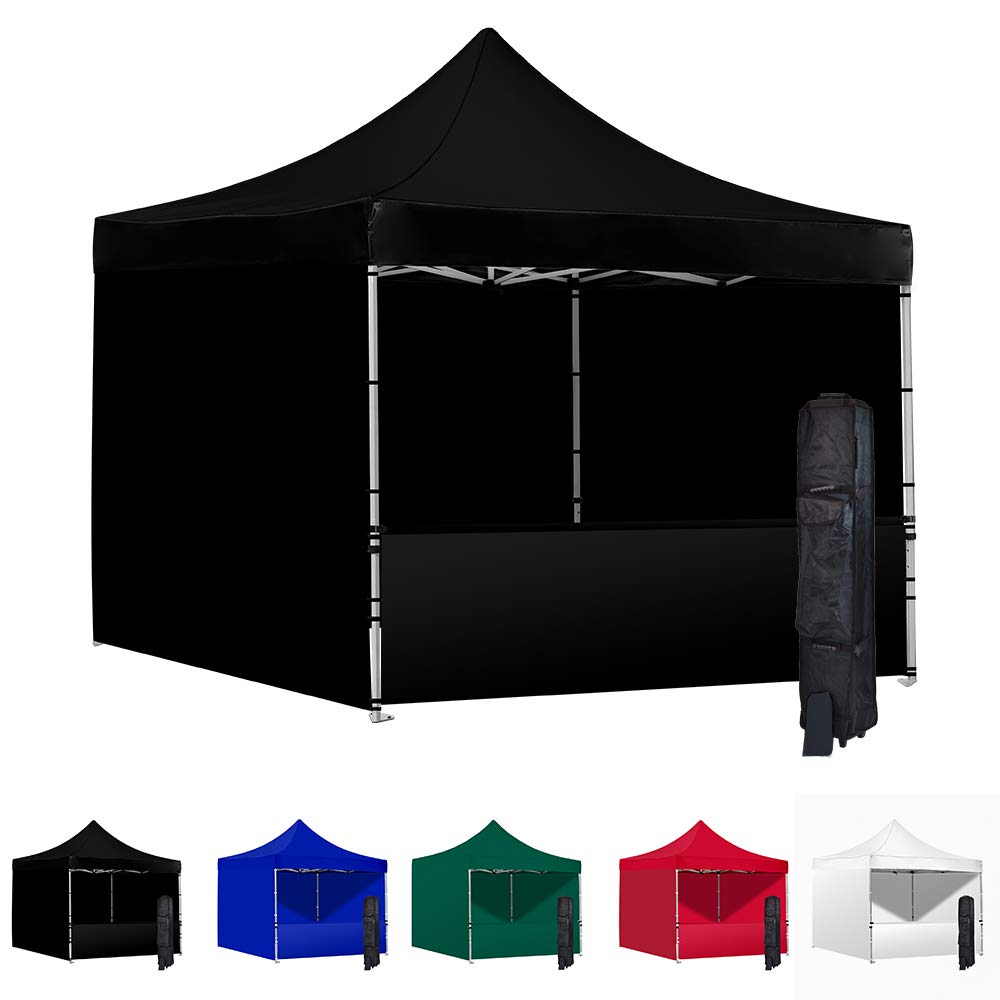 10x10 Instant Pop Up Canopy Tent with 3 Full Walls & 1 Half Wall - Heavy Duty Waterproof Outdoor Canopy with Commercial Aluminum Frame - Includes Carry Bag & Stakes for Camping, Parties, Beach, Market Stall (Black)