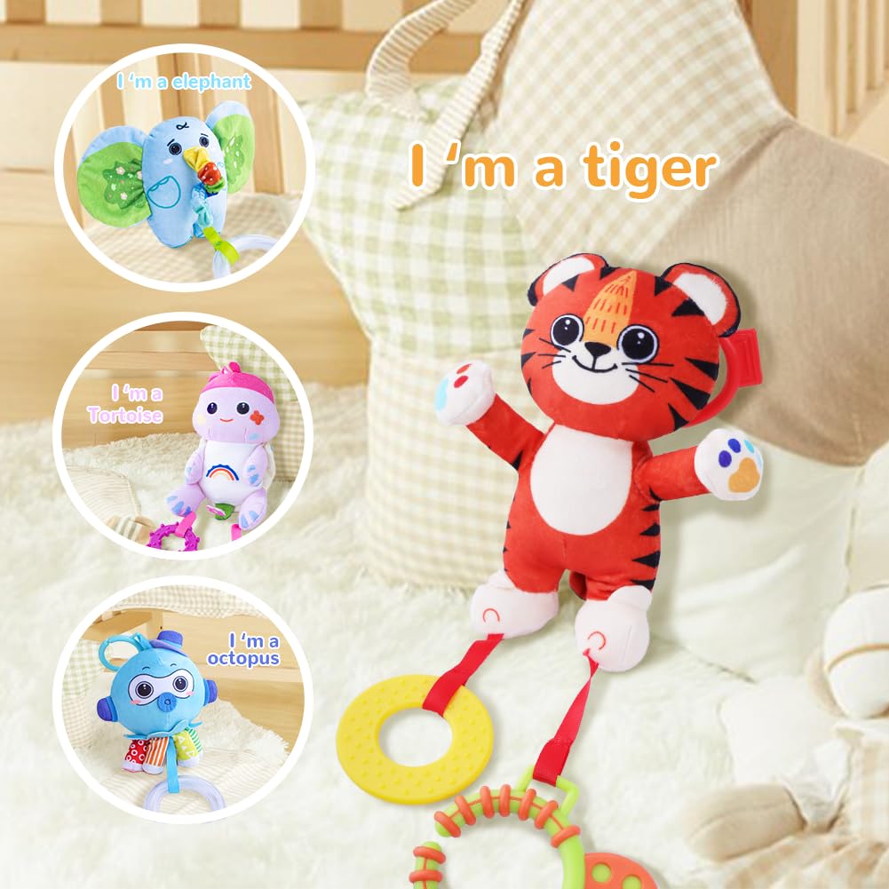 TeyToy Soft Plush Animal Hanging Baby Toys with Rattles, Teether & Squeaker - Early Development Stroller & Car Toys for Newborns 3-12 Months | Perfect Infant Birthday Gifts & Nursery Decor for Boys Girls