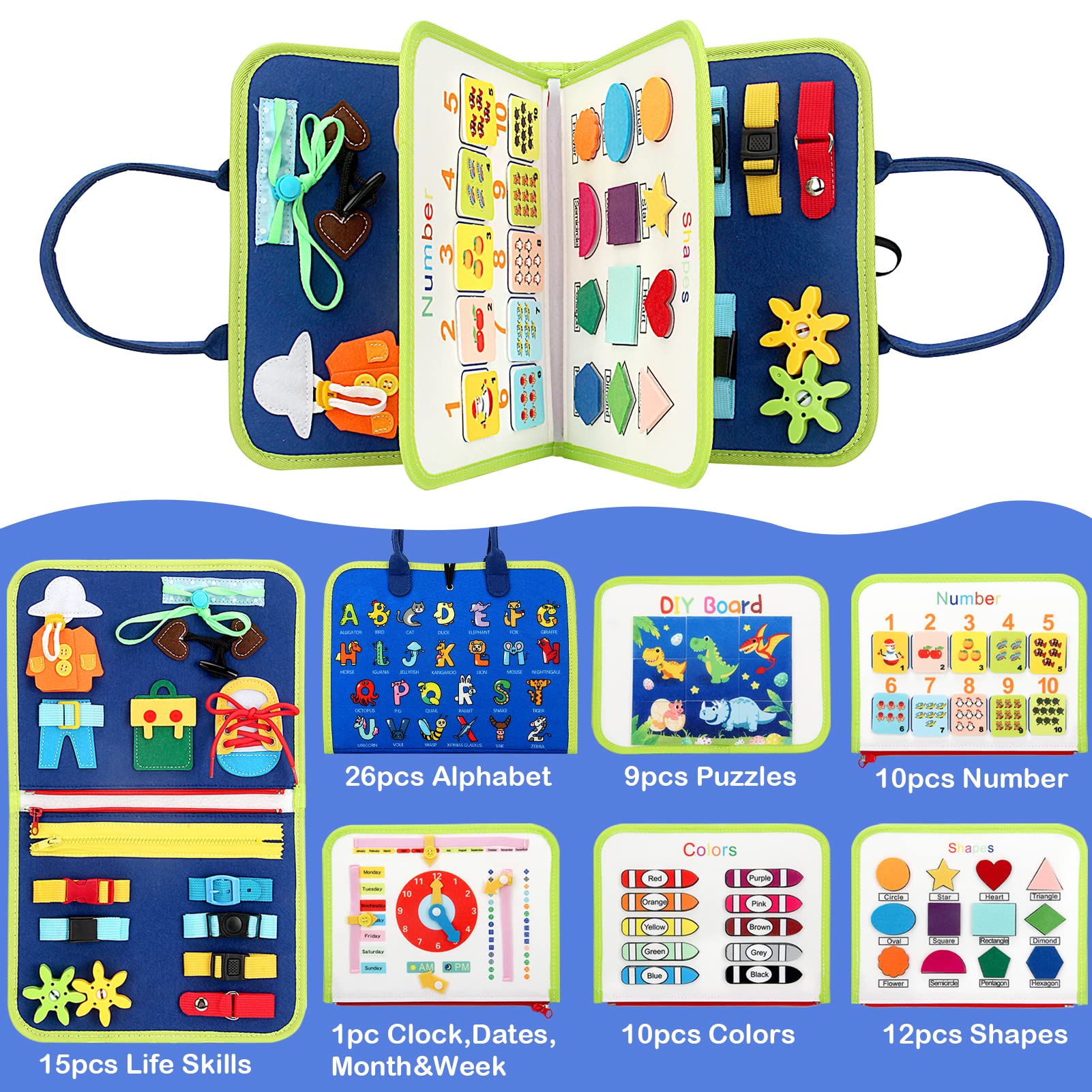 Busy Board for Toddlers - 8-in-1 Educational Toy with Alphabet & Counting for Travel