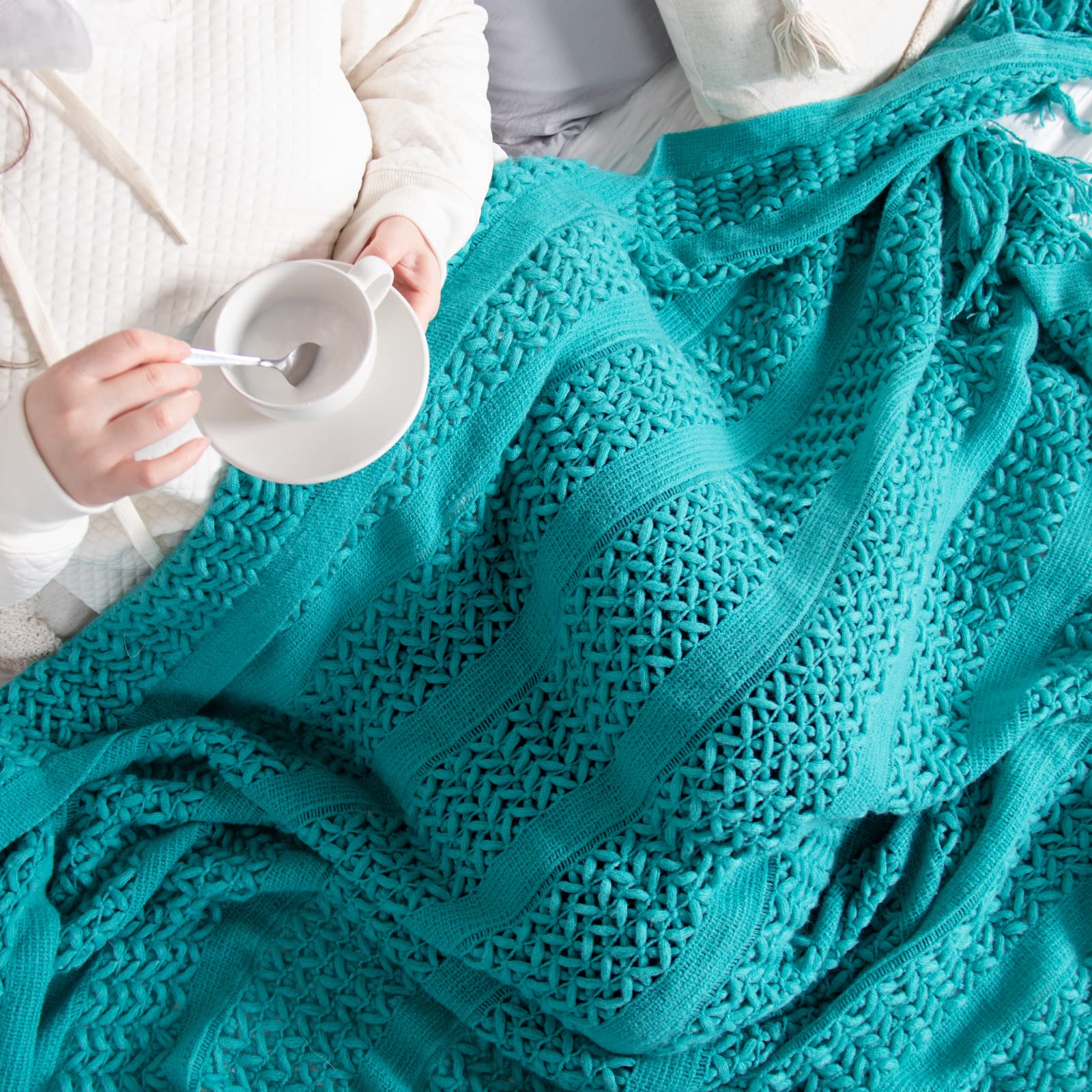 Lifein Soft Boho Knitted Farmhouse Throw Blanket - Cozy Lightweight Blanket with Tassels for Couch, Bed, Sofa & Chair | Perfect for Autumn, Home Decor & Gift (Teal/Turquoise, 50x60 inches) - Ideal for Reading Nooks, Fireplace Lounging & Cozy Evenings
