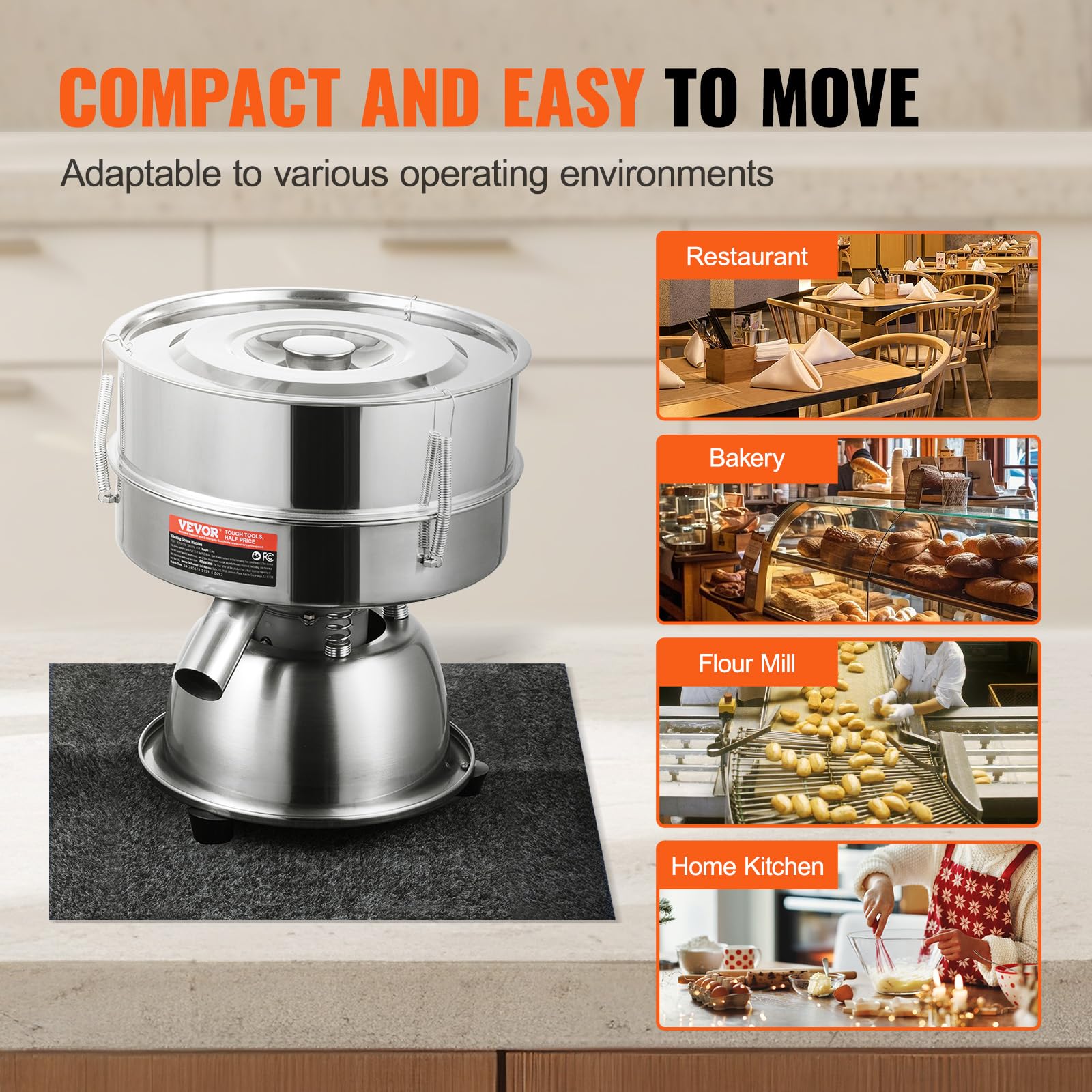 VEVOR Automatic Electric Vibrating Sieve Machine - 45W Stainless Steel Sifter Shaker with 30+50 Mesh for Flour, Powder, Rice, Mungbean - Perfect for Baking, Cooking, and Food Processing