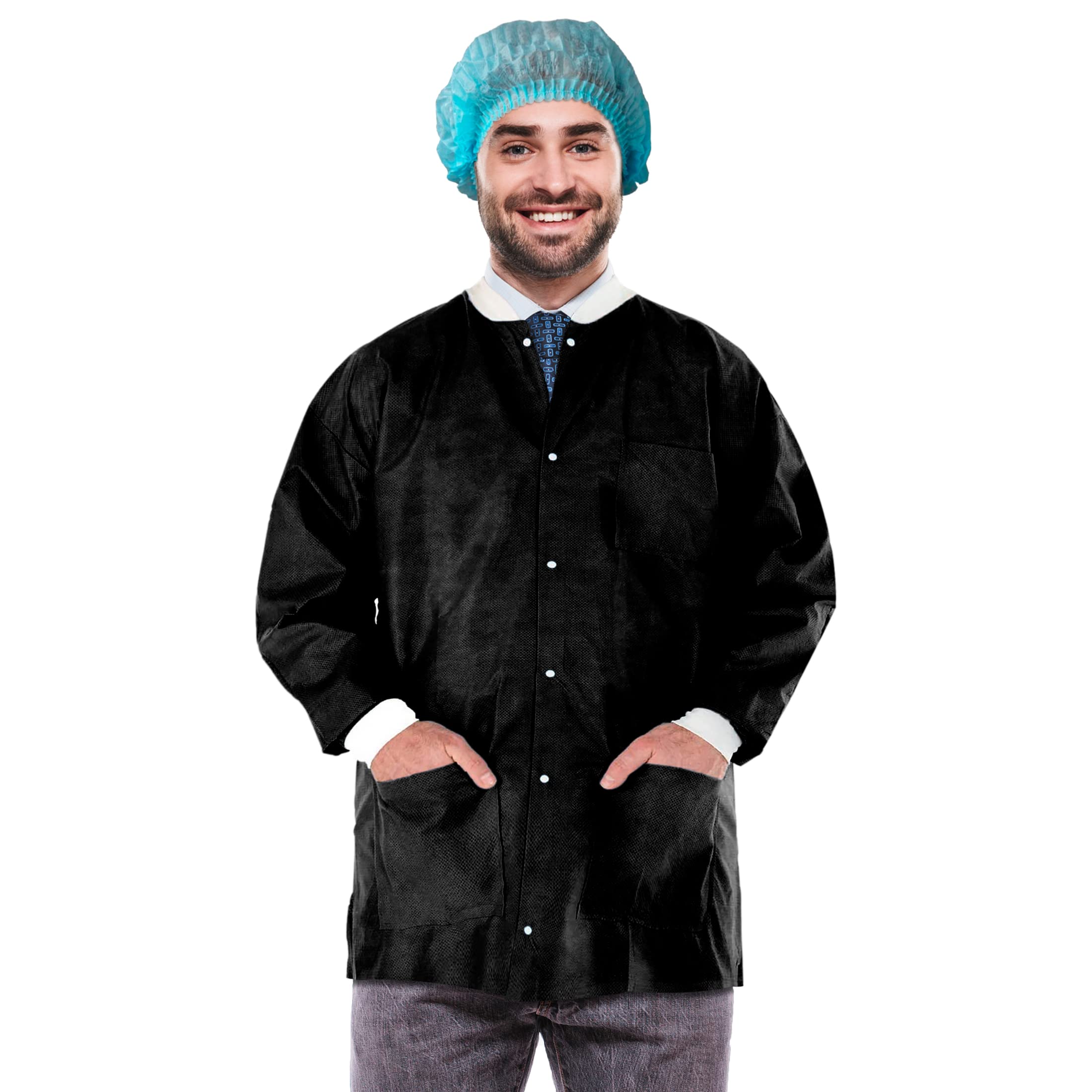 EZGOODZ Disposable Lab Coat - 30 Inch Long Black SMS 50 GSM Unisex PPE Workwear with Snap Front, Knit Cuffs & 3 Pockets (Pack of 100) | Ideal for Medical Labs, Cleanrooms, Food Processing & Industrial Safety