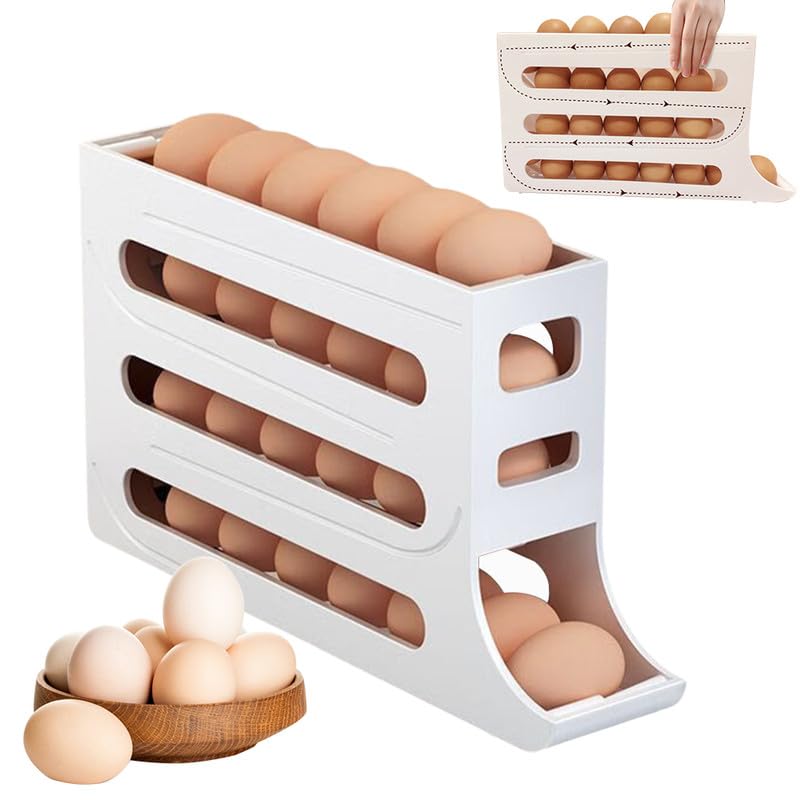 2024 Upgraded 4-Tier Automatic Scrolling Egg Holder for Refrigerator - Large Capacity Space-Saving Egg Organizer & Dispenser - Perfect for Kitchen Storage, Breakfast Prep, and Farm Fresh Egg Organization