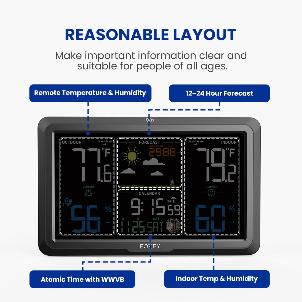 Wireless Indoor Outdoor Weather Station with Large 7.6