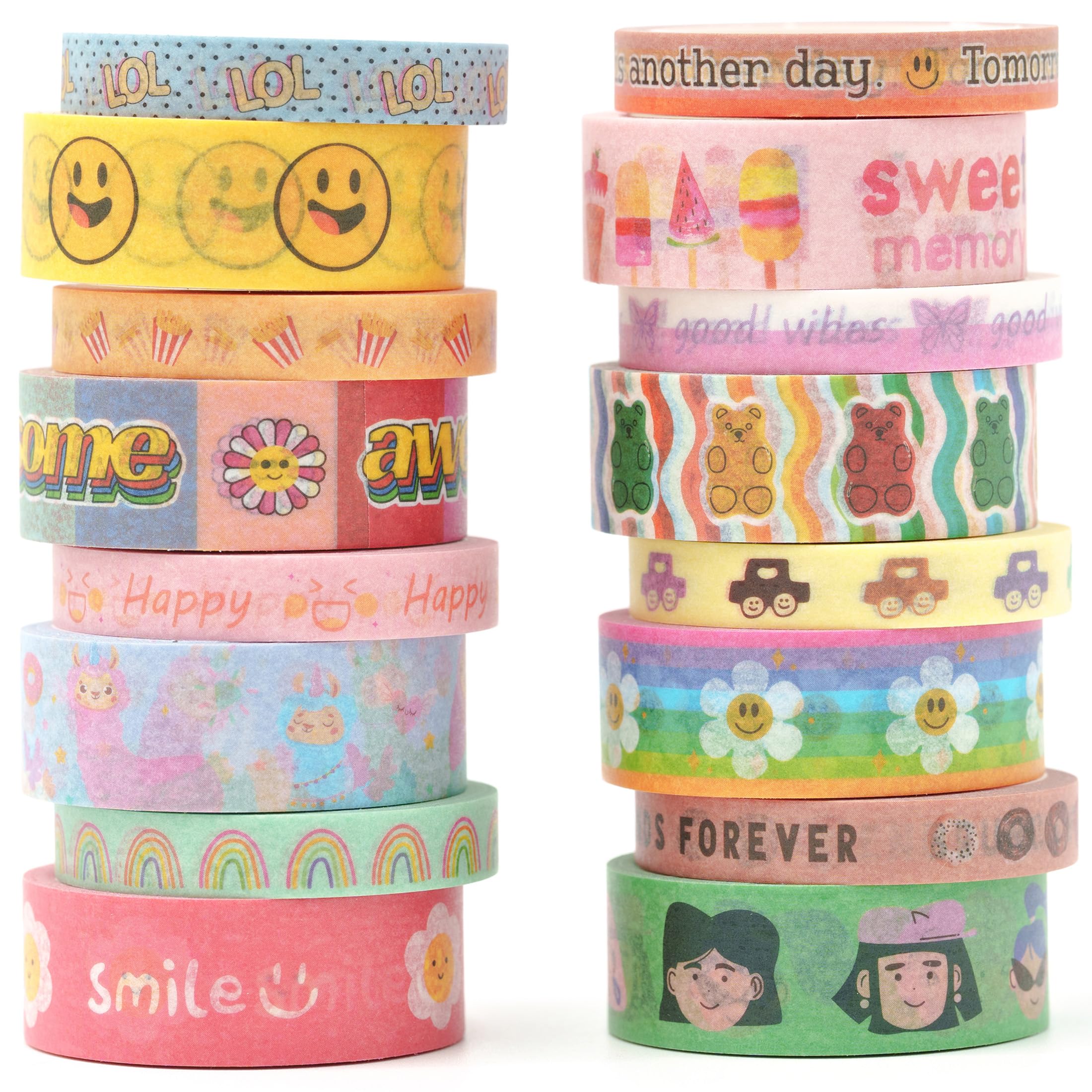YUBX Cute Cartoon Washi Tape Set - 16 Rolls Bright Colors Kawaii Masking Tapes for DIY Crafts, Scrapbooking, Journaling, Planner Decor & Gift Wrapping - Perfect for Arts & Crafts, School Projects, Home Office Organization & Creative Gift Packaging