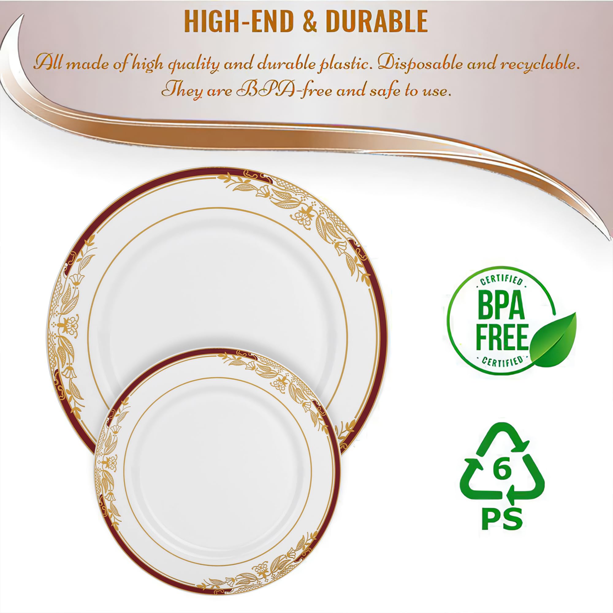 Elegant White with Burgundy & Gold Trim Disposable Plastic Dinner Plates 10.25 Inch - 10 Pack for Wedding Reception, Banquet, Party, Anniversary & Holiday Celebrations - Perfect for Upscale Events, Catering & Special Occasions