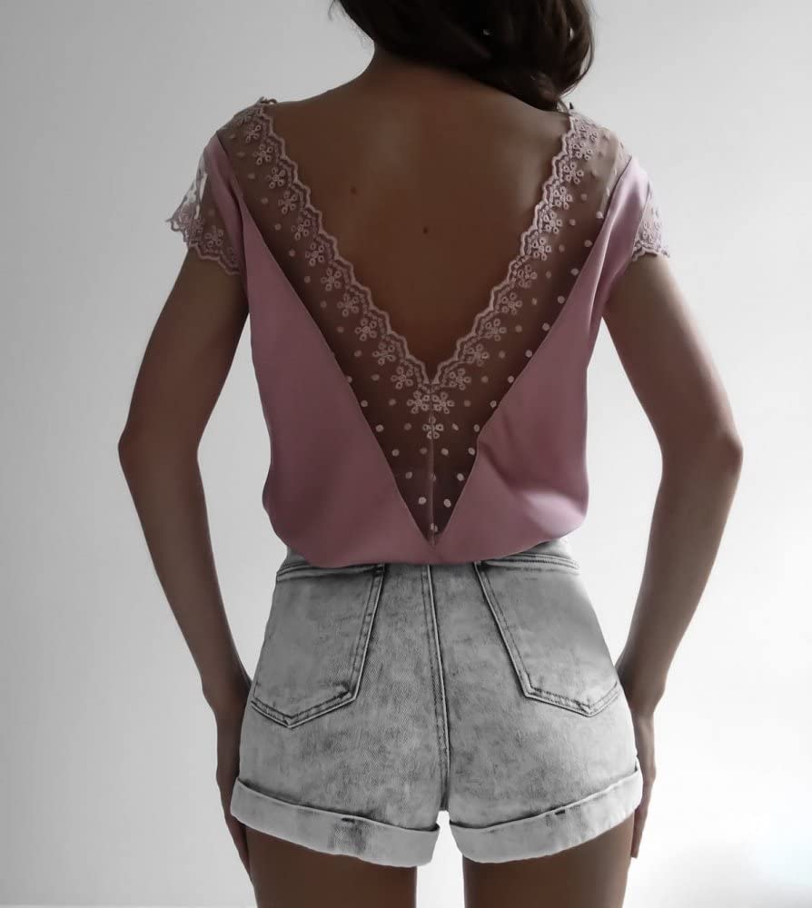 Women's Lace Sheer Short Sleeve Blouse - Elegant Lace Trim Deep V-Neck & Back Ruffle Top for Casual & Dressy Occasions | Perfect for Office, Date Night & Summer Outfits