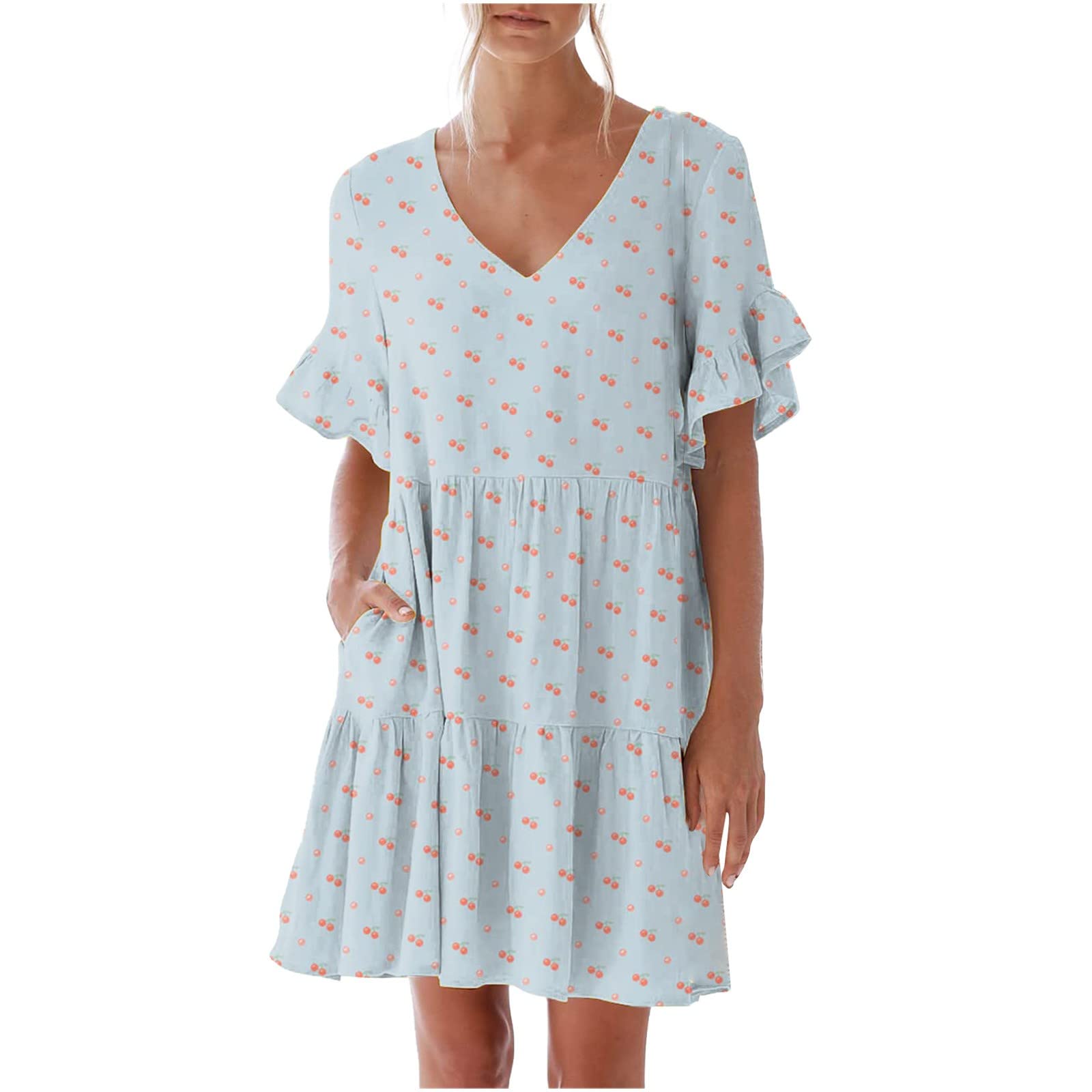 Women's Summer Casual Dress - Sweet & Cute V-Neck Mini Dress with Pockets, Short Sleeve Ruffled Short Dress for Beach, Party, and Date Night Outfits