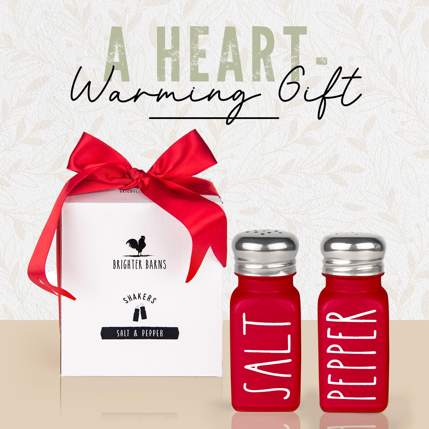 Brighter Barns Red Salt and Pepper Shakers Set - Farmhouse Style Glass Shakers with Stainless Steel Lids - Perfect for Kitchen, Dining Table & Gift Giving