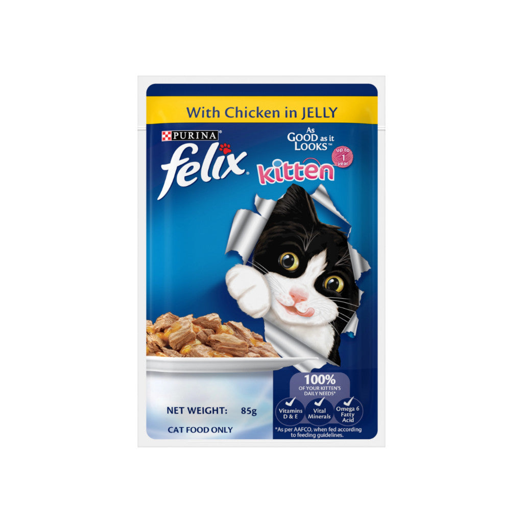 Purina Felix Kitten & Adult Cat Food - Tuna, Chicken, Mackerel & Sardine in Jelly - 85g Wet Food for Healthy Growth | Perfect for Kittens & Adult Cats at Home or Travel